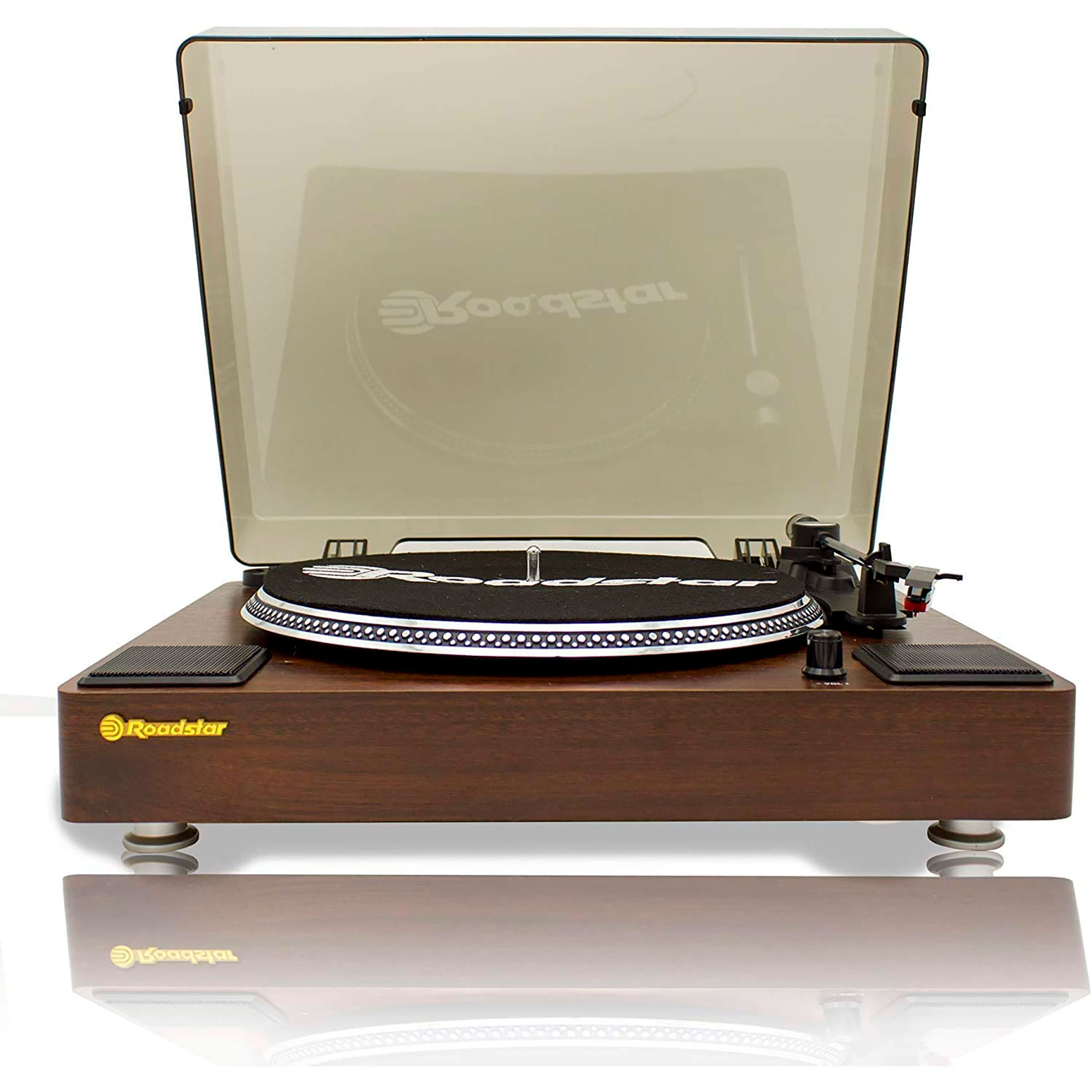 Tocadiscos de madera con cubierta transparente, disco negro y altavoces.