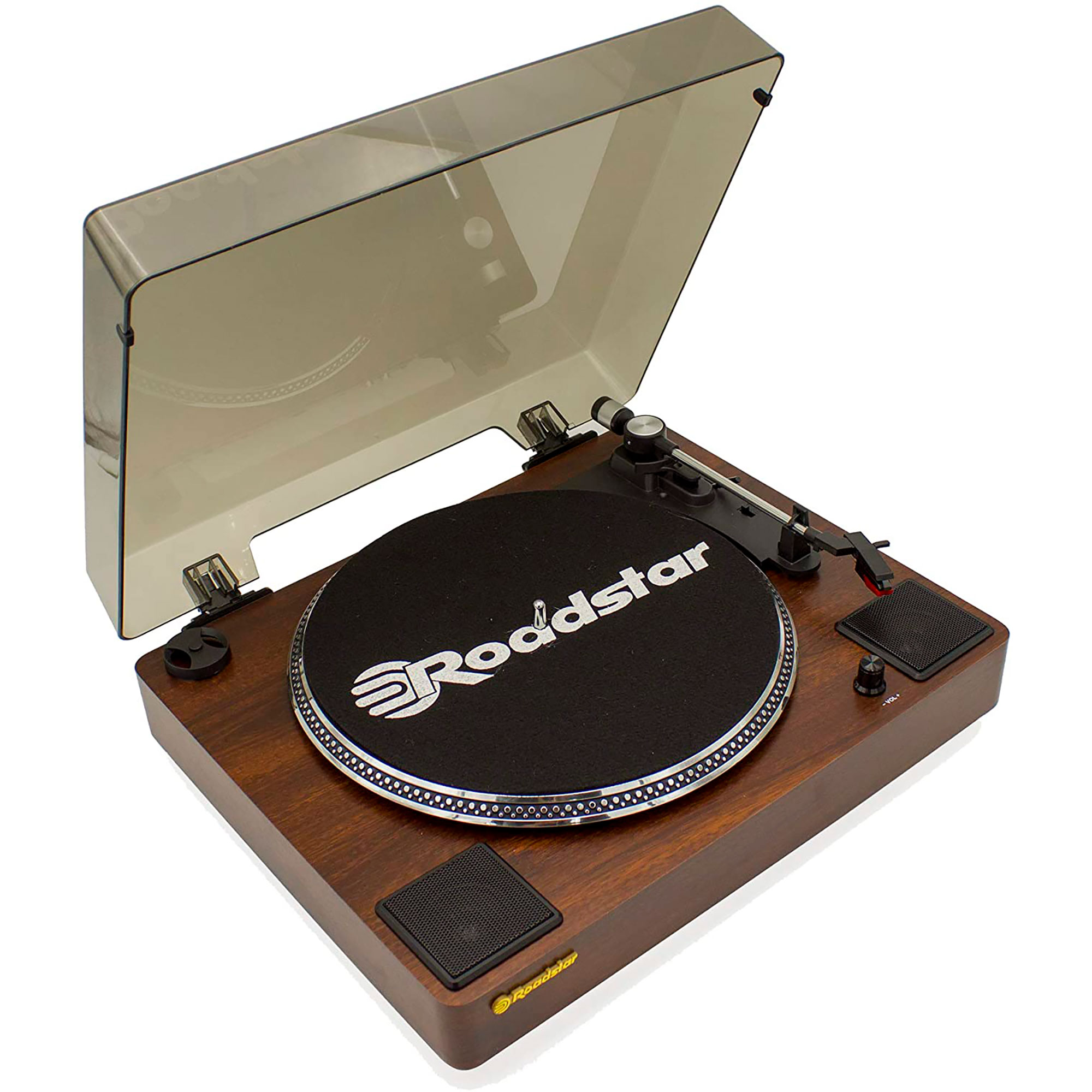 Un tocadiscos con base de madera y un plato negro con la palabra Roddstar.