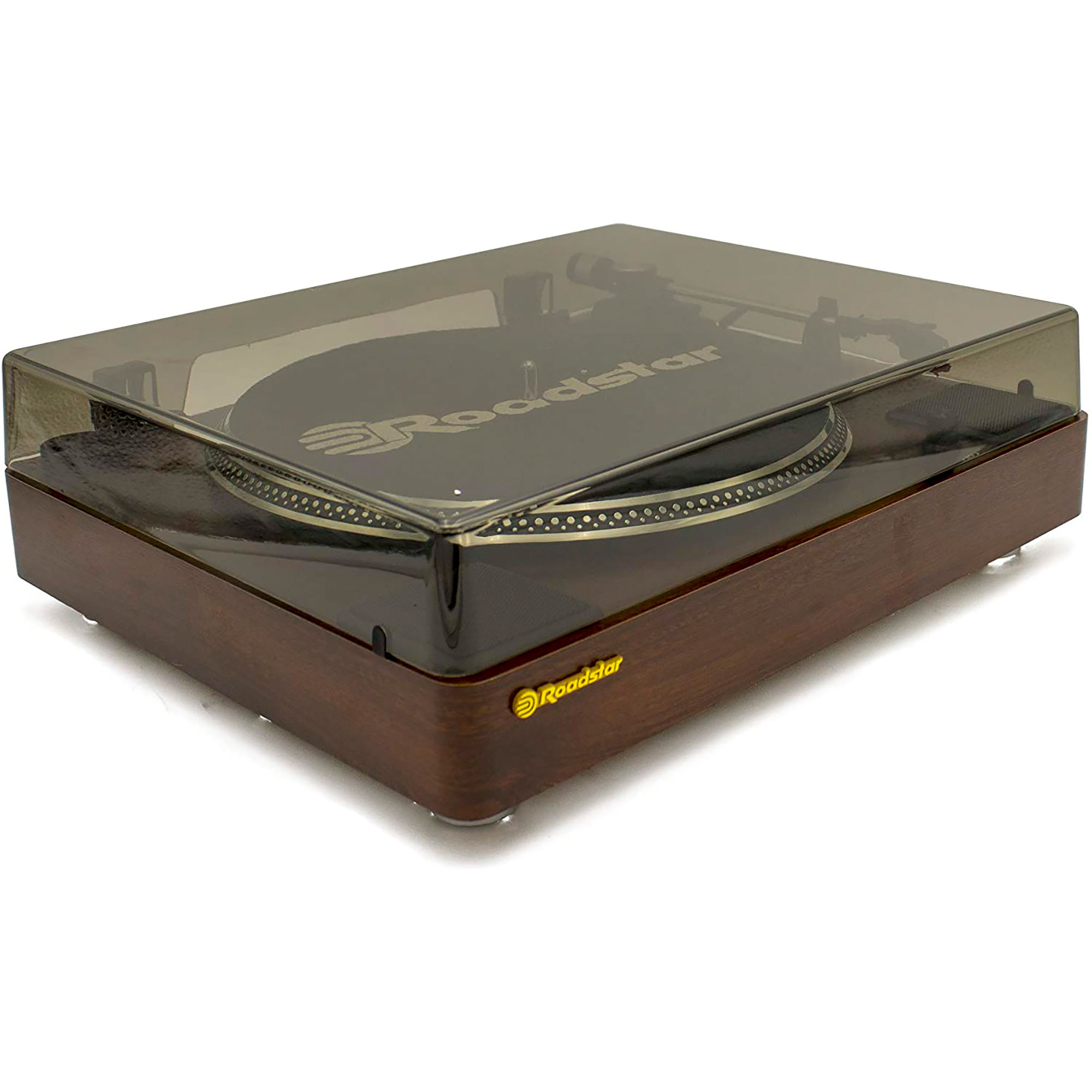 Un tocadiscos de aspecto de madera con una cubierta transparente sobre fondo blanco.