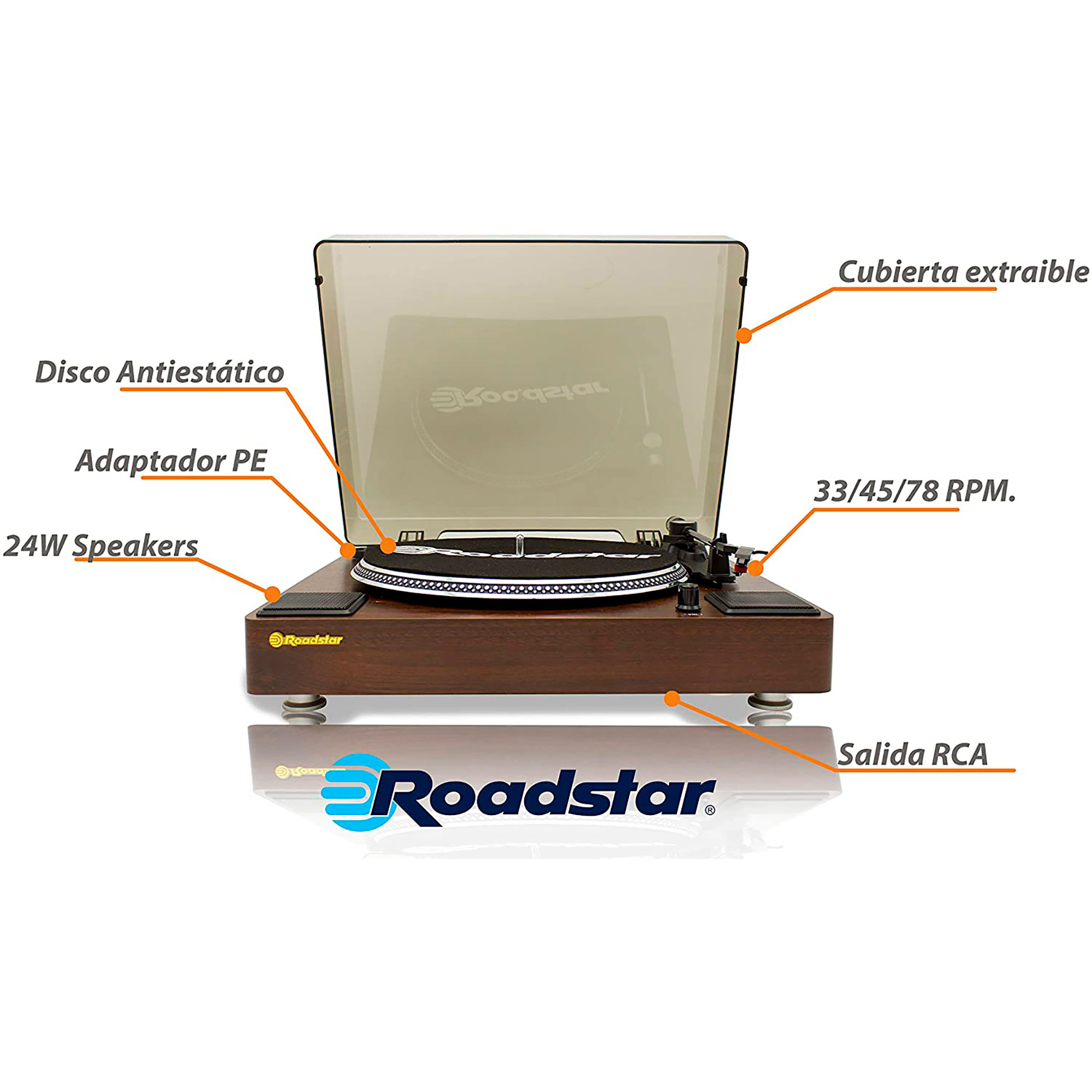 Un tocadiscos de madera con etiquetas y detalles, sobre una superficie blanca. Logotipo de Roadstar visible.