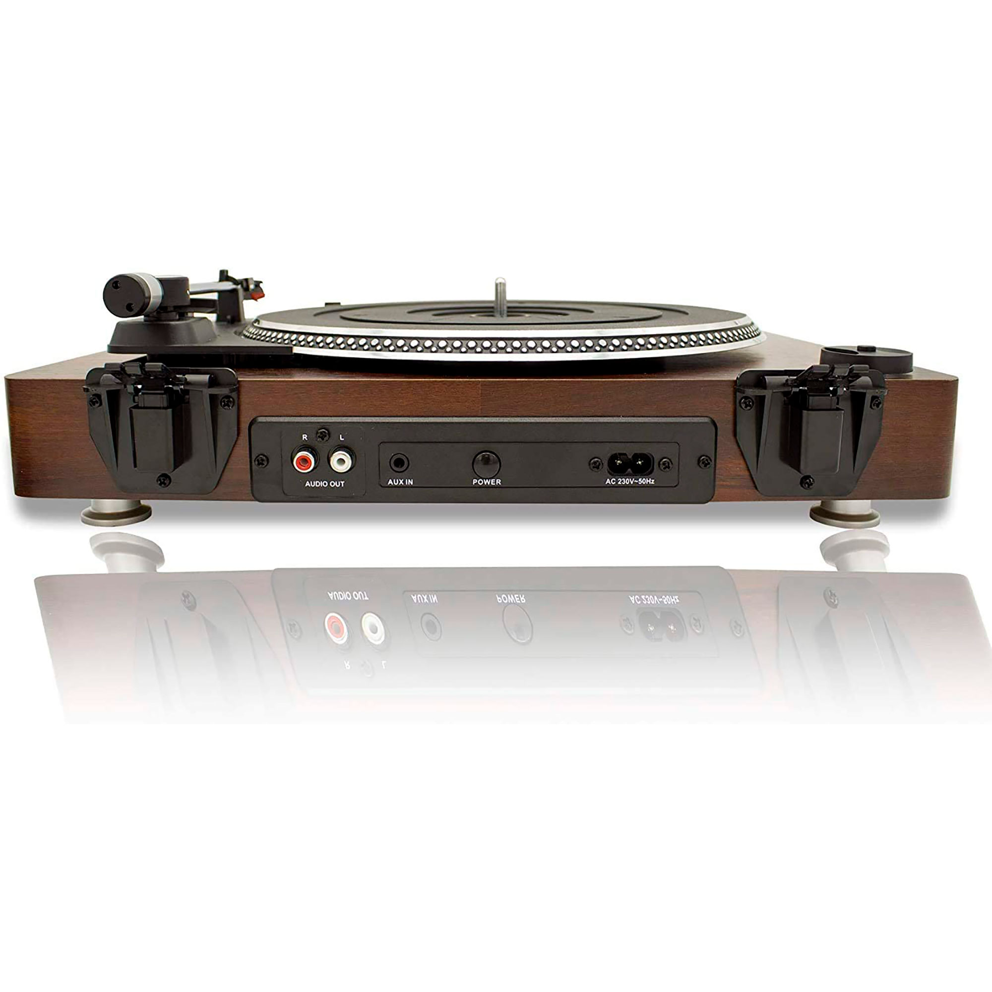 Tocadiscos de madera con componentes negros. Disco plateado y panel de interfaz visibles.