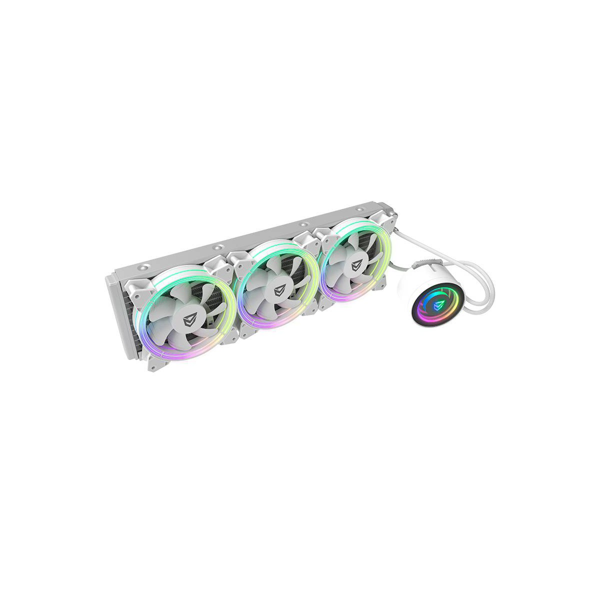 Tres ventiladores RGB en un radiador. Los ventiladores tienen luces circulares. Color blanco. Mangueras conectan a una bomba.