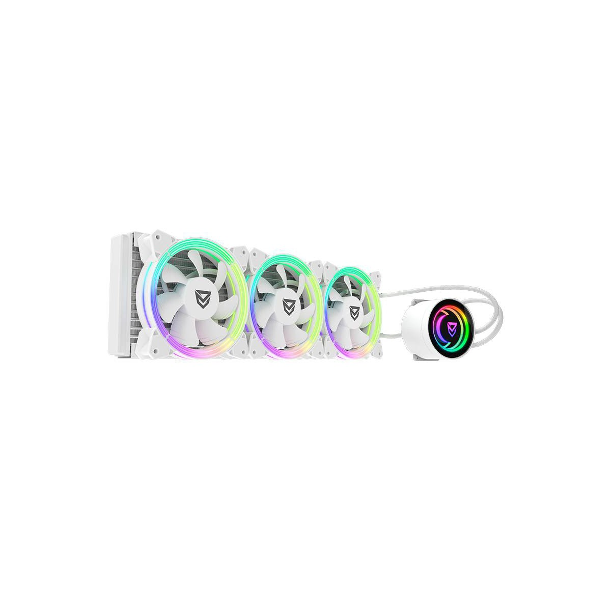 Un sistema de refrigeración para computadora blanco con tres ventiladores y un componente circular, todos con LED de colores.