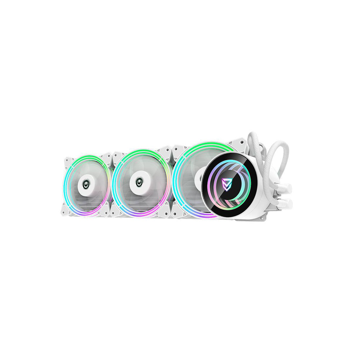 Tres ventiladores con luces LED, conectados por un sistema de refrigeración, fondo blanco.