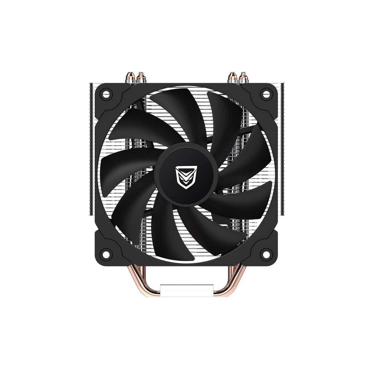 Ein schwarzer CPU-Kühler mit Kupfer-Heatpipes und einem Lüfter oben. Der Lüfter hat ein Logo.