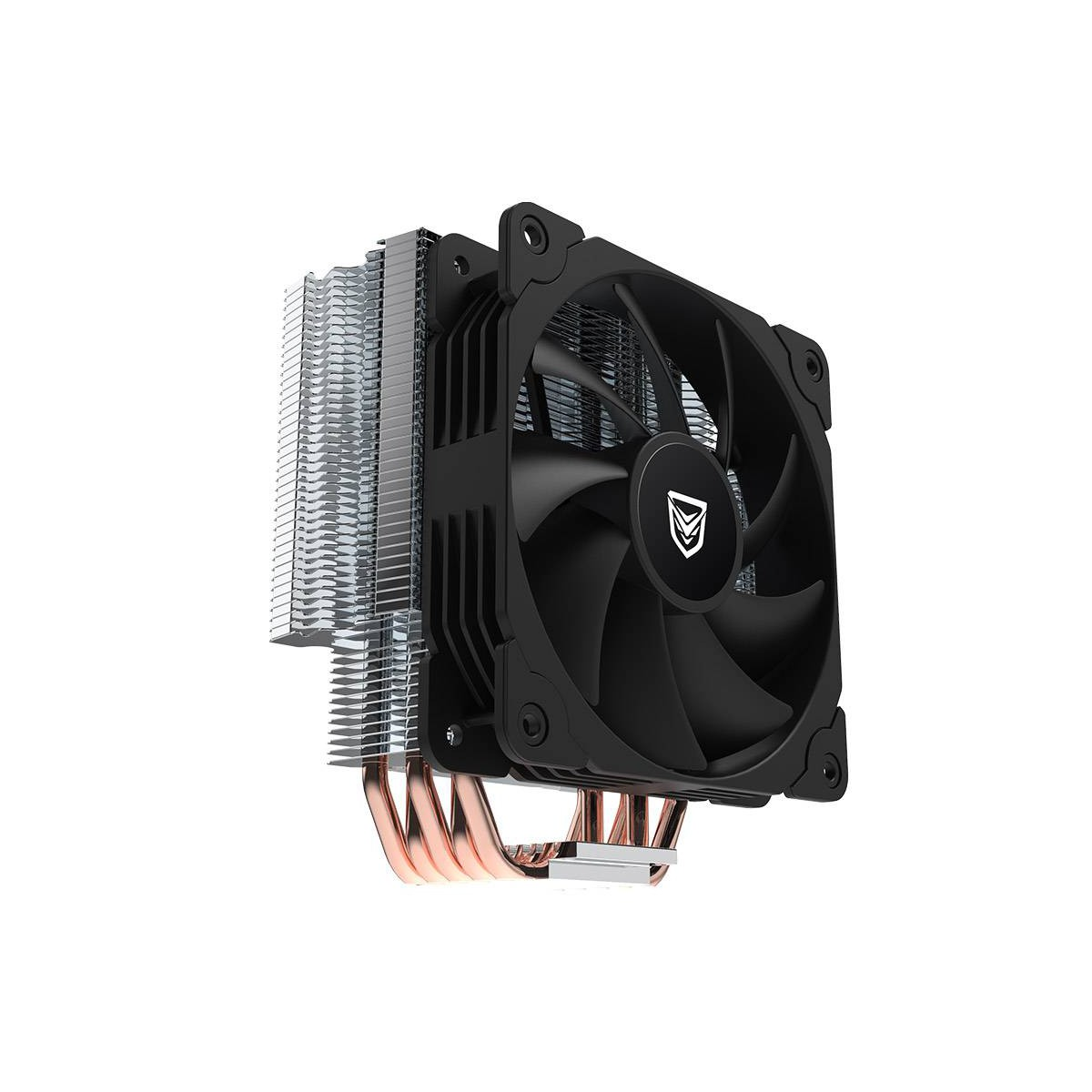 Schwarzer CPU-Kühler mit großem Lüfter, Kupfer-Heatpipes und Kühlkörper, isoliert auf Weiß.