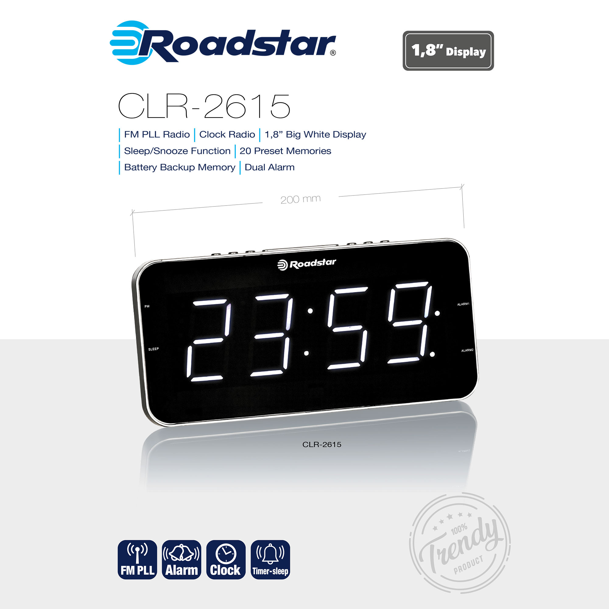 Despertador digital negro. Números blancos grandes, con radio FM PLL, reloj, dormir/posponer y 20 memorias preestablecidas.