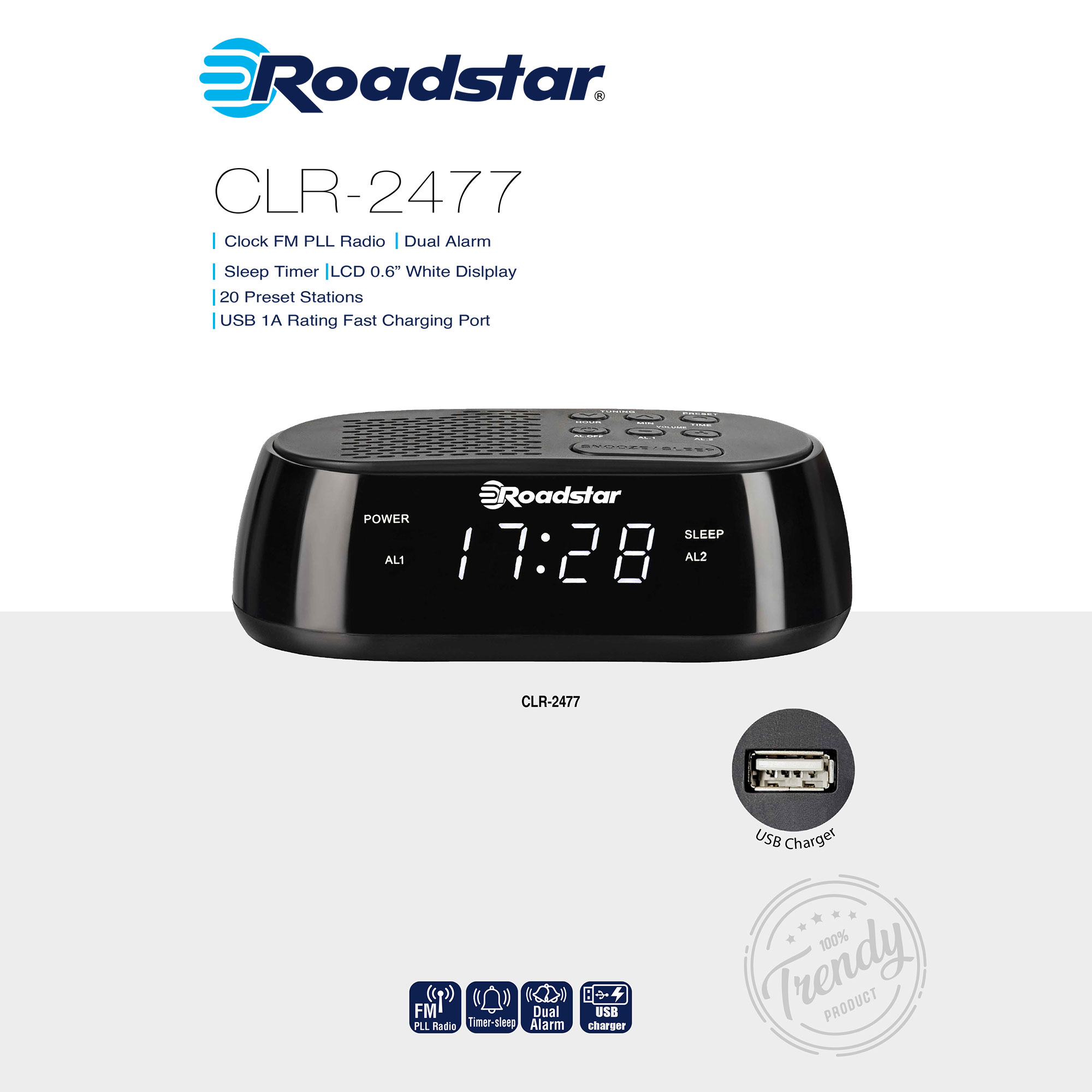 Despertador digital negro, pantalla blanca, marca Roadstar, con cargador USB.