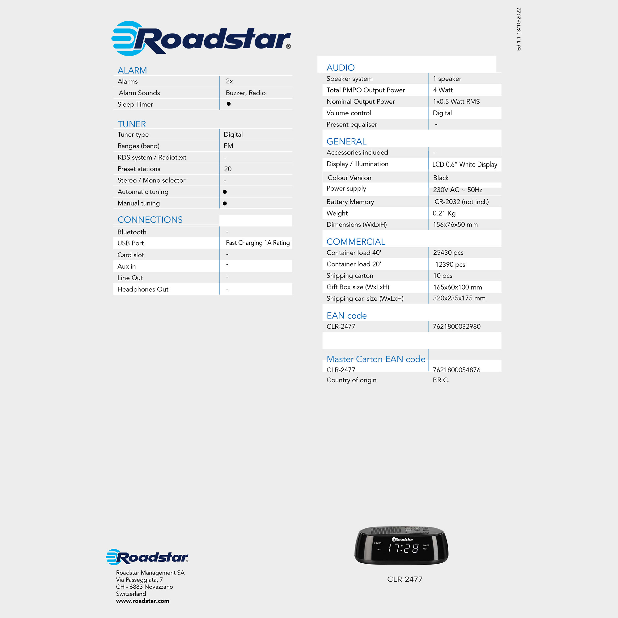 Una hoja de especificaciones de productos Roadstar, con detalles de audio, sintonizador e información general.