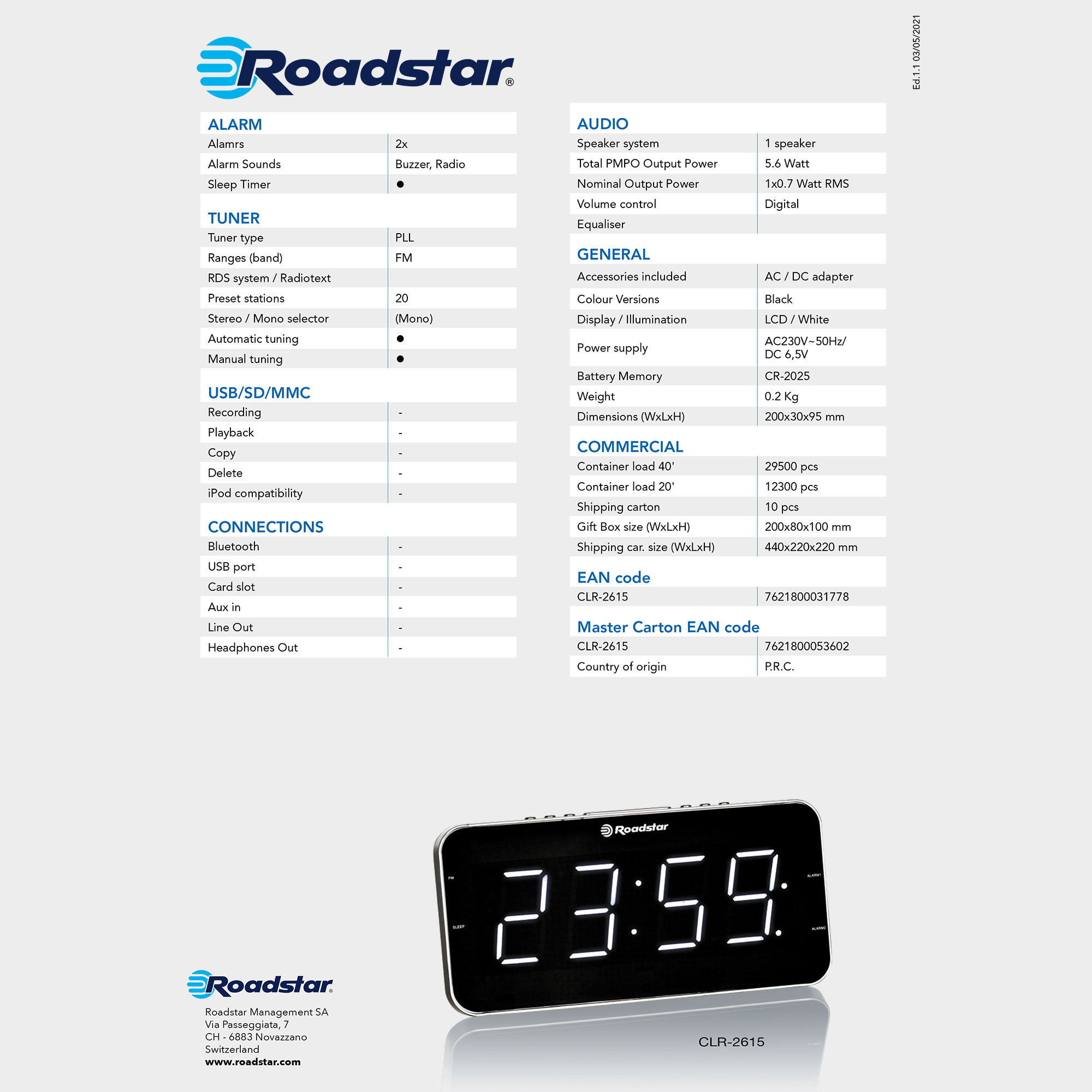 Una foto del producto de un radio despertador Roadstar CLR-2615, con especificaciones del producto y un código QR.