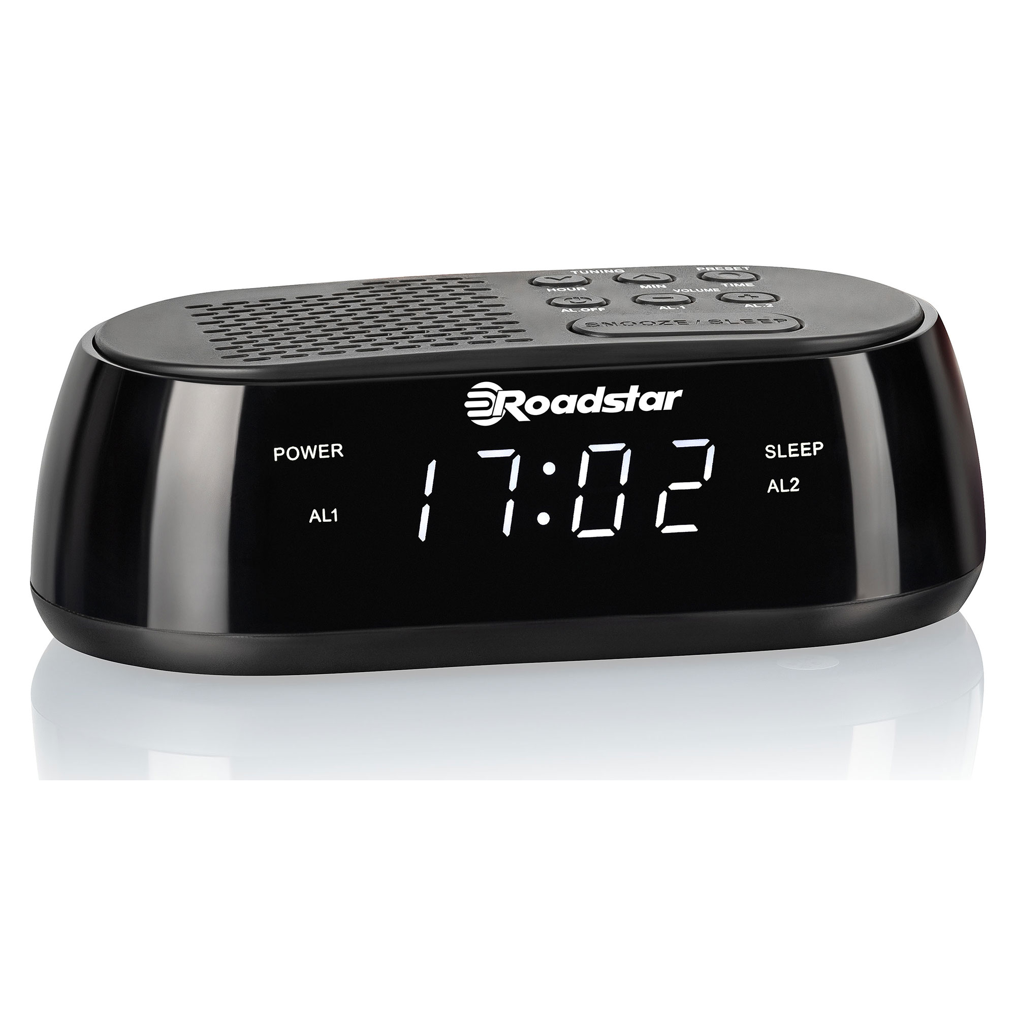Reloj despertador digital negro con pantalla blanca, que muestra la hora y botones.