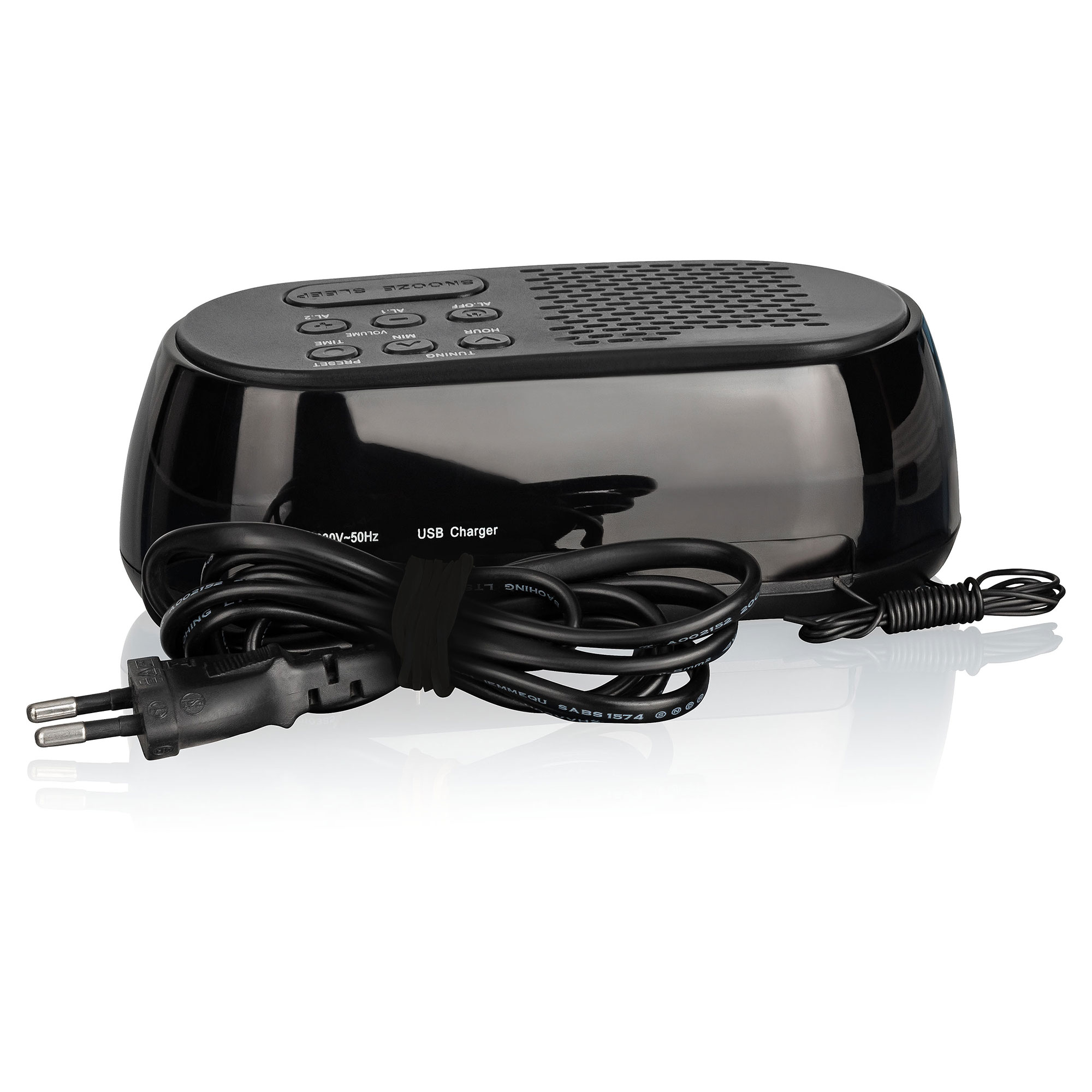 Reloj despertador digital negro con botones y cargador USB. Cable y enchufe negros.