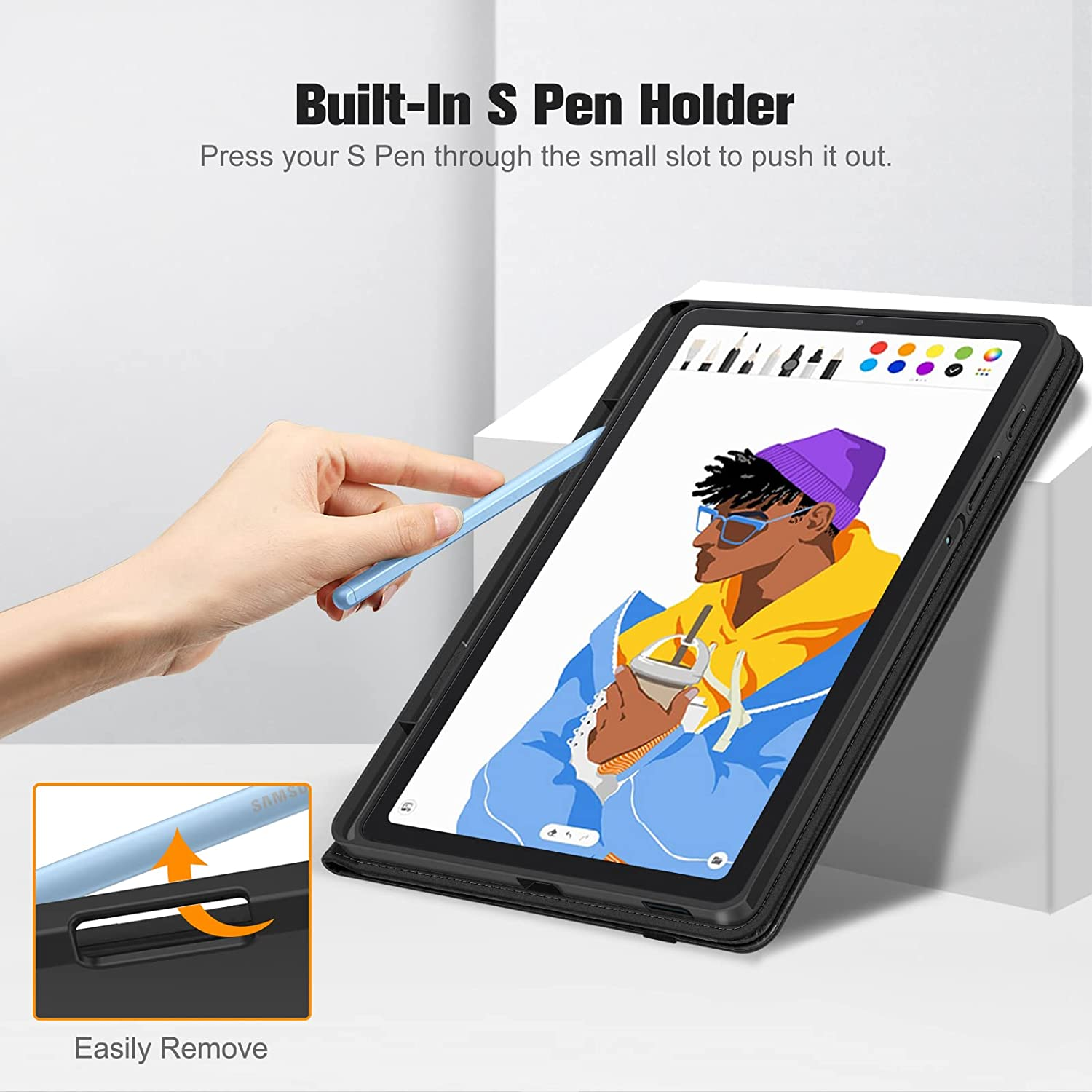 Eine Hand hält einen blauen Stift in der Nähe eines Tablets. Text: Eingebauter S-Pen-Halter. Ein Ausschnitt zeigt, wie man den Stift entfernt.