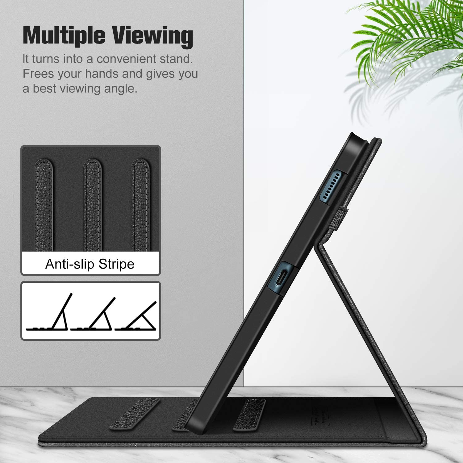Tablet in schwarzem Gehäuse, aufgestellt. Schwarz, mit Anti-Rutsch-Streifen.
