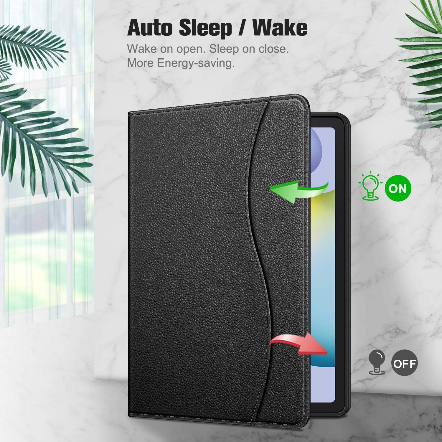 Schwarze Tablet-Hülle mit schlankem Design. Veranschaulicht die Auto-Sleep/Wake-Funktion mit Pfeilen.
