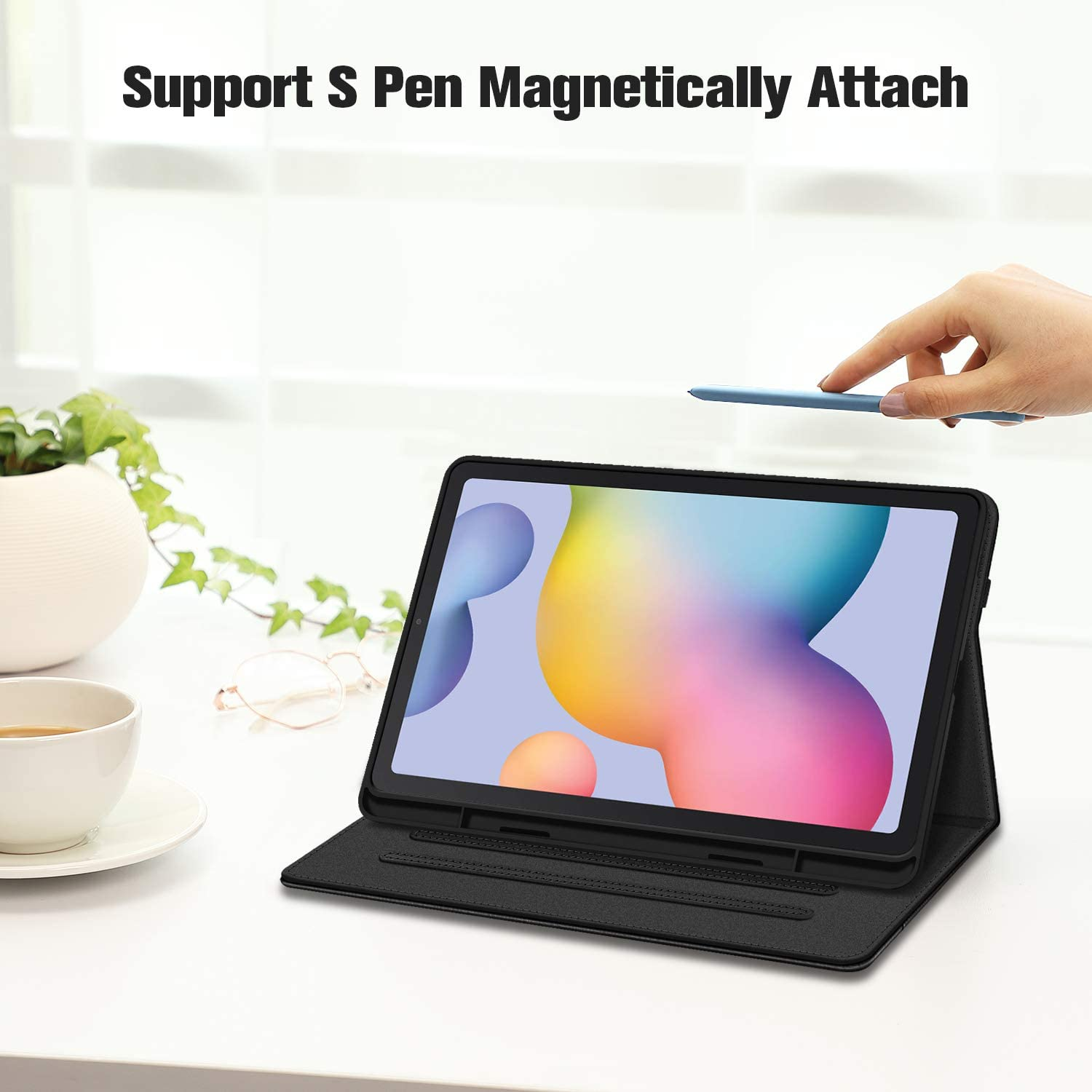 Tablet in schwarzem Case mit Stift. Text: 'Support S Pen Magnetically Attach'.