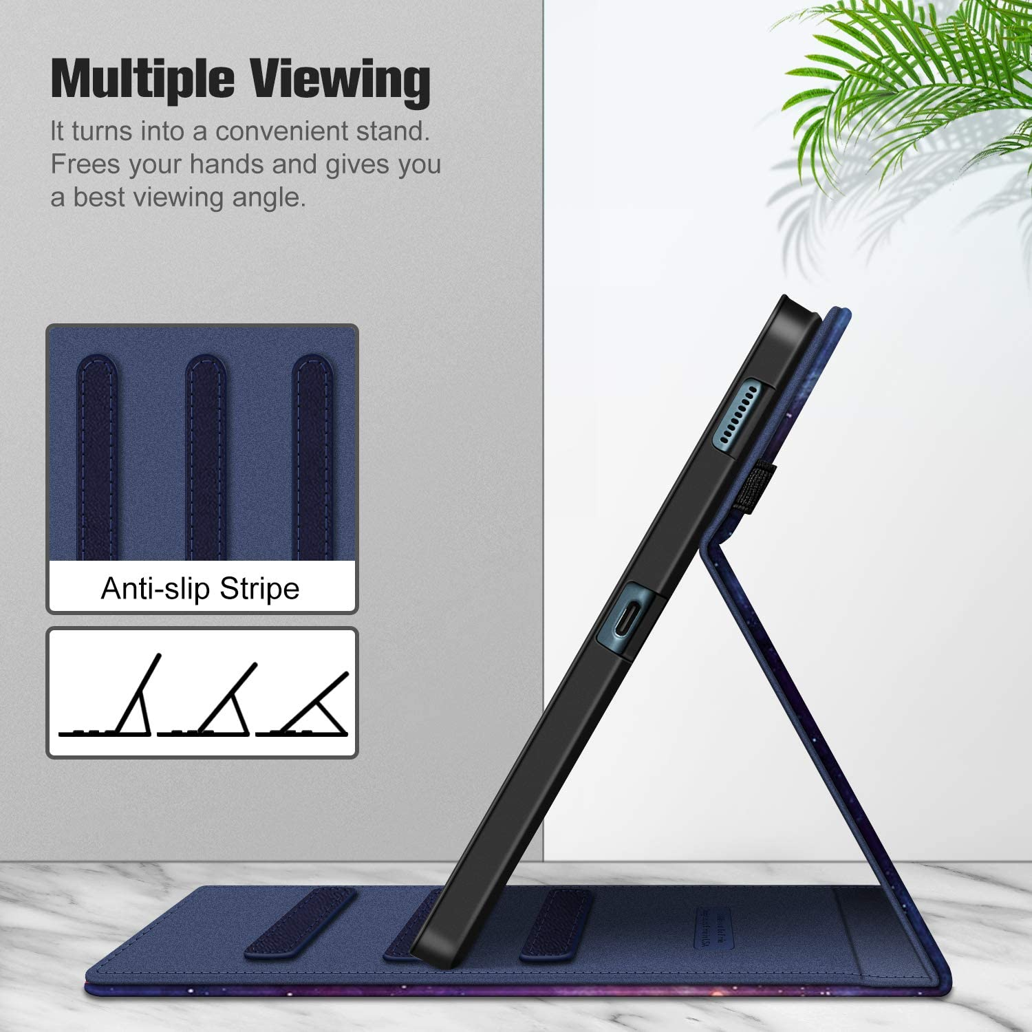 Tablet in blauem Gehäuse, geöffnet zur Anzeige. Merkmale sind Anti-Rutsch-Streifen und Standfunktion.