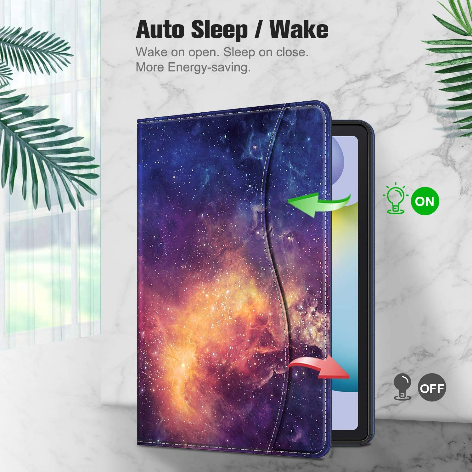 Tablethülle offen mit Galaxie-Design, Tablet innen. Grüne und rote Pfeile, ON/OFF-Symbole.