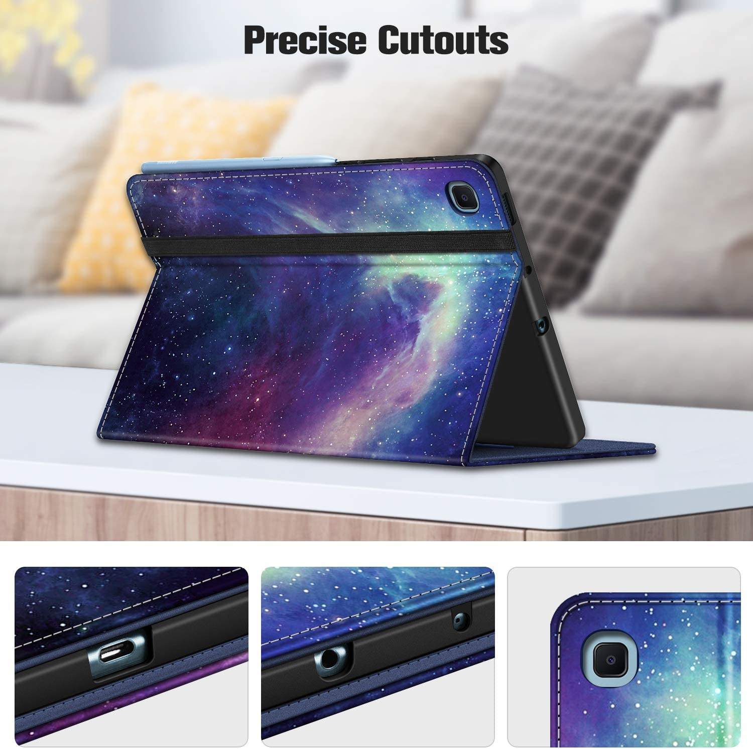 Ein Tablet-Case mit Galaxiemuster auf einem Tisch, mit Nahaufnahmen von Anschluss und Kameraausschnitten.