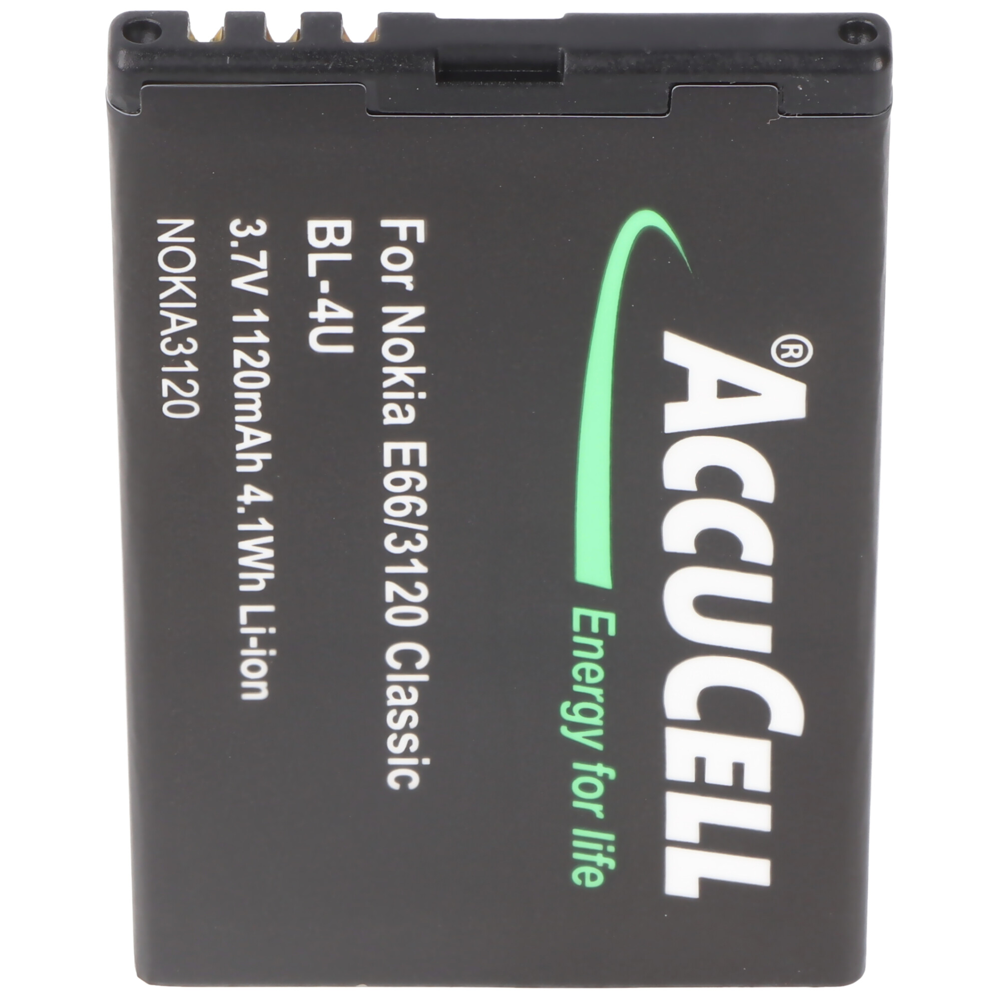 Schwarze Batterie mit grünem AccuCell-Logo und weißem Text. Text: 3,7 V 1120 mAh für Nokia.