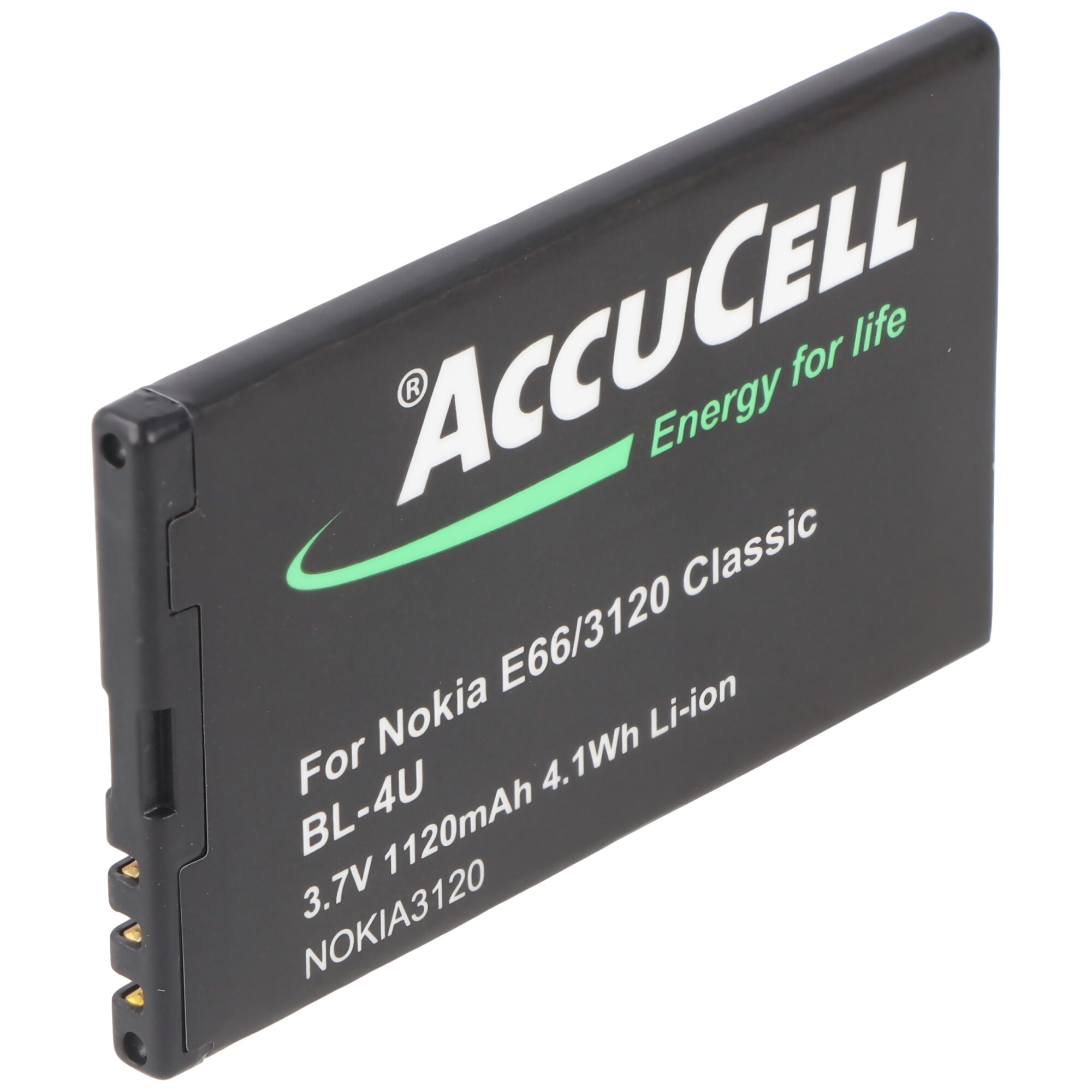 Schwarze AccuCell Batterie für Nokia, mit weißem Text auf schwarzer Oberfläche.