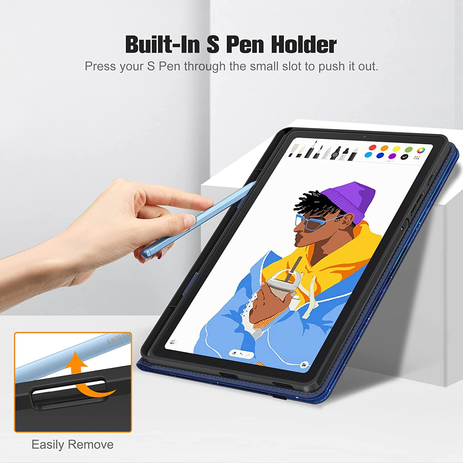 Ein Tablet mit blauem Gehäuse und einem Stift, der in das Gerät eingesetzt wird.