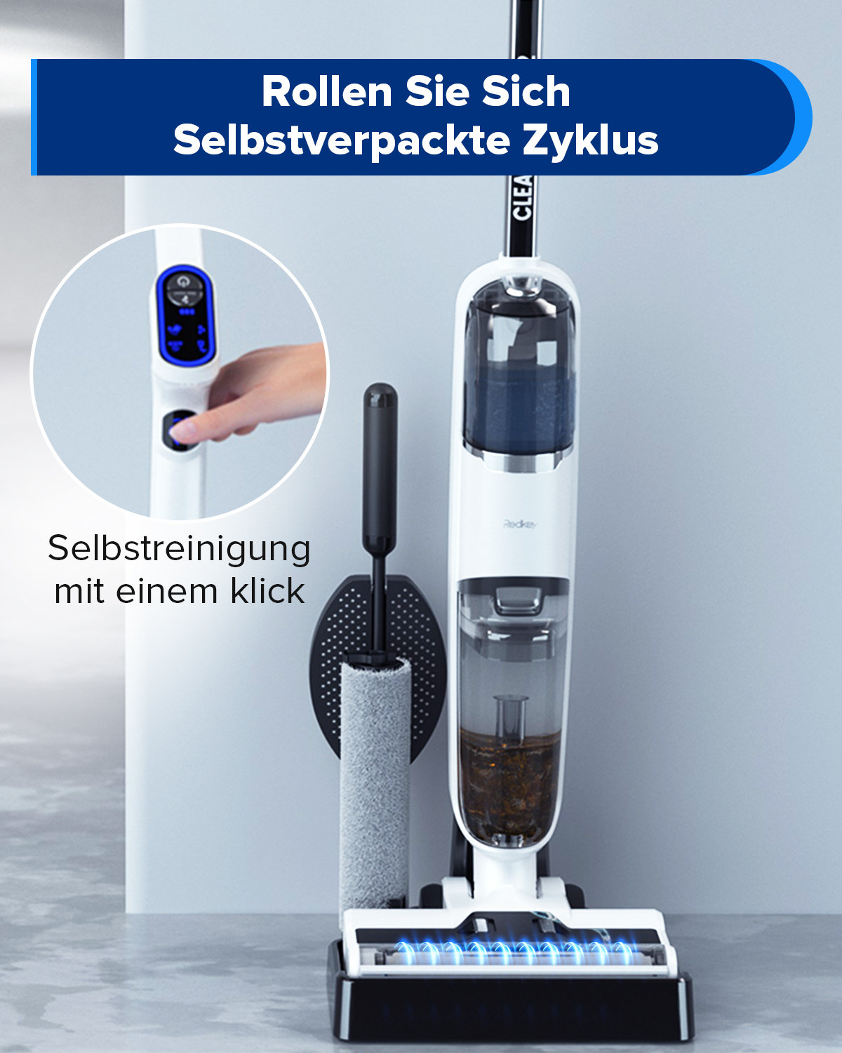 Ein weiß-blauer Staubsauger und Zubehör werden gezeigt. Eine Hand drückt einen Knopf.