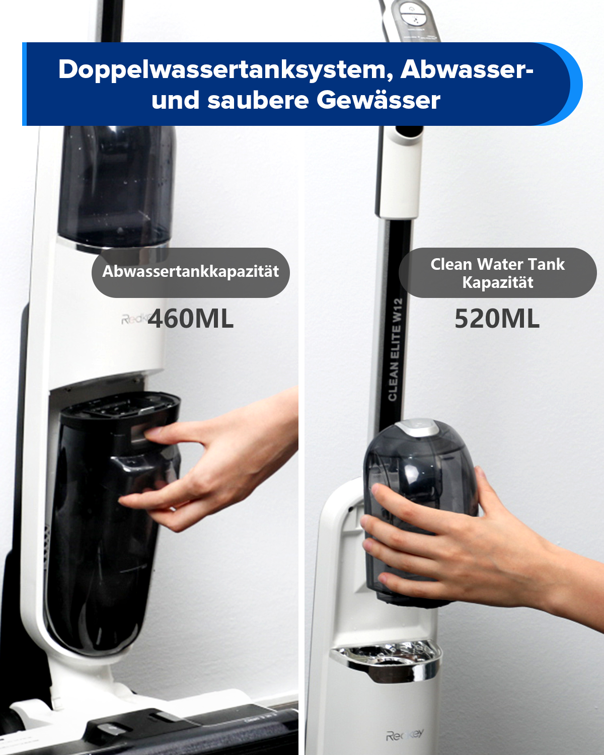 Hände, die Tanks aus einem weiß-schwarzen Reinigungsgerät entfernen und einsetzen.