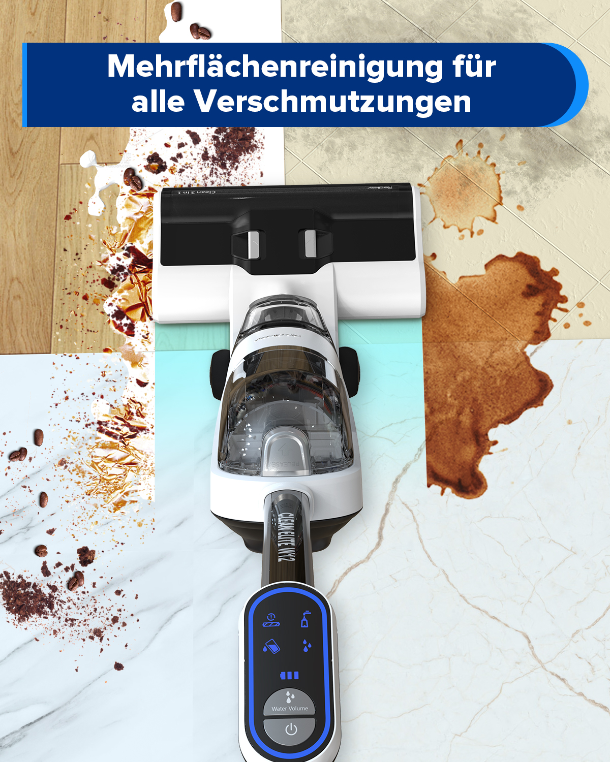 Weiß-schwarzer Staubsauger auf verschiedenen Bodentexturen. Text: Mehrflächenreinigung für alle Verschmutzungen.
