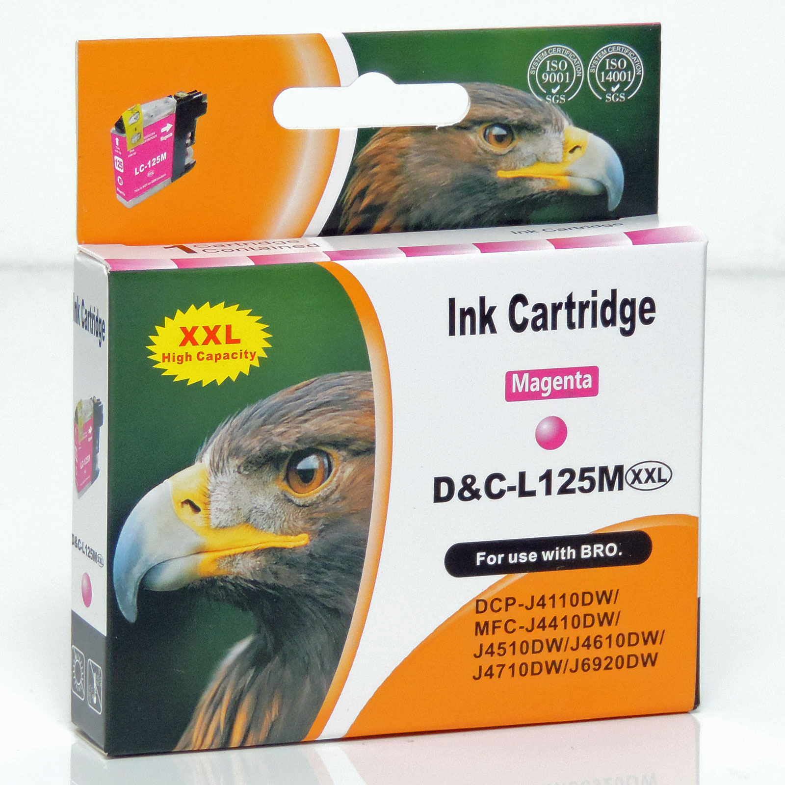 Tintenpatronenbox. Die Box hat ein Bild eines Vogels. Die Patrone ist rosa und schwarz. XXL High Capacity Etikett.
