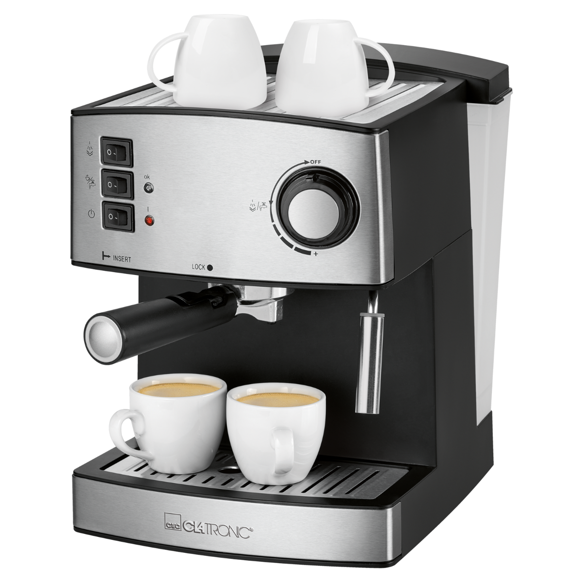 Ekspres do kawy z dwoma białymi filiżankami na górze i dwoma pełnymi filiżankami na dole.