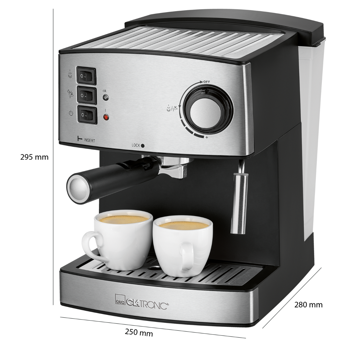 Ekspres do kawy z dwoma filiżankami kawy pod wylewką.