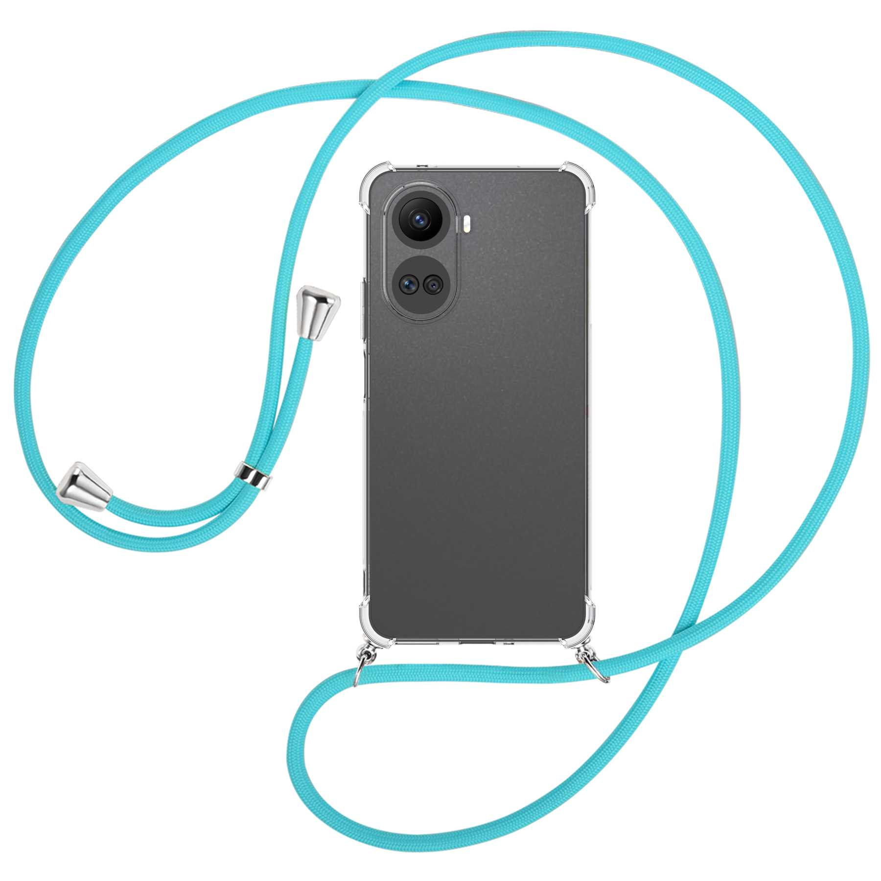 Ein Telefon mit einem Schlüsselband. Das Telefon ist schwarz und das Schlüsselband türkis.