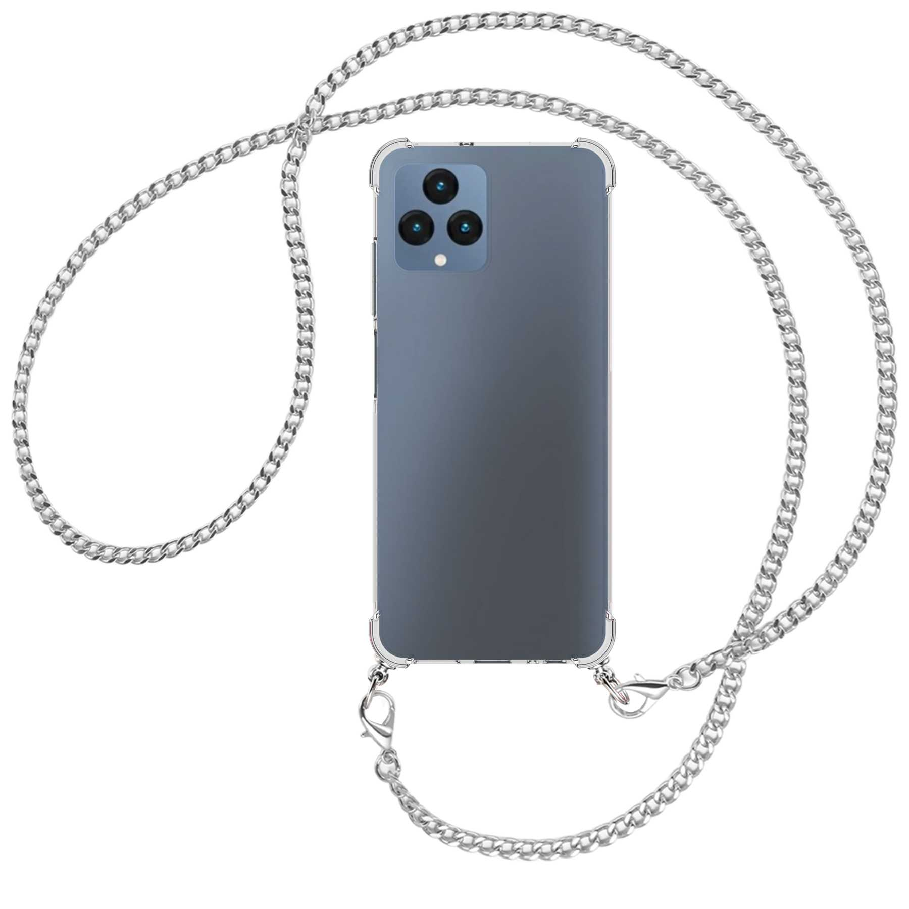 Ein graues Telefon mit einer silbernen Kette. Das Telefon hat drei Kameras.