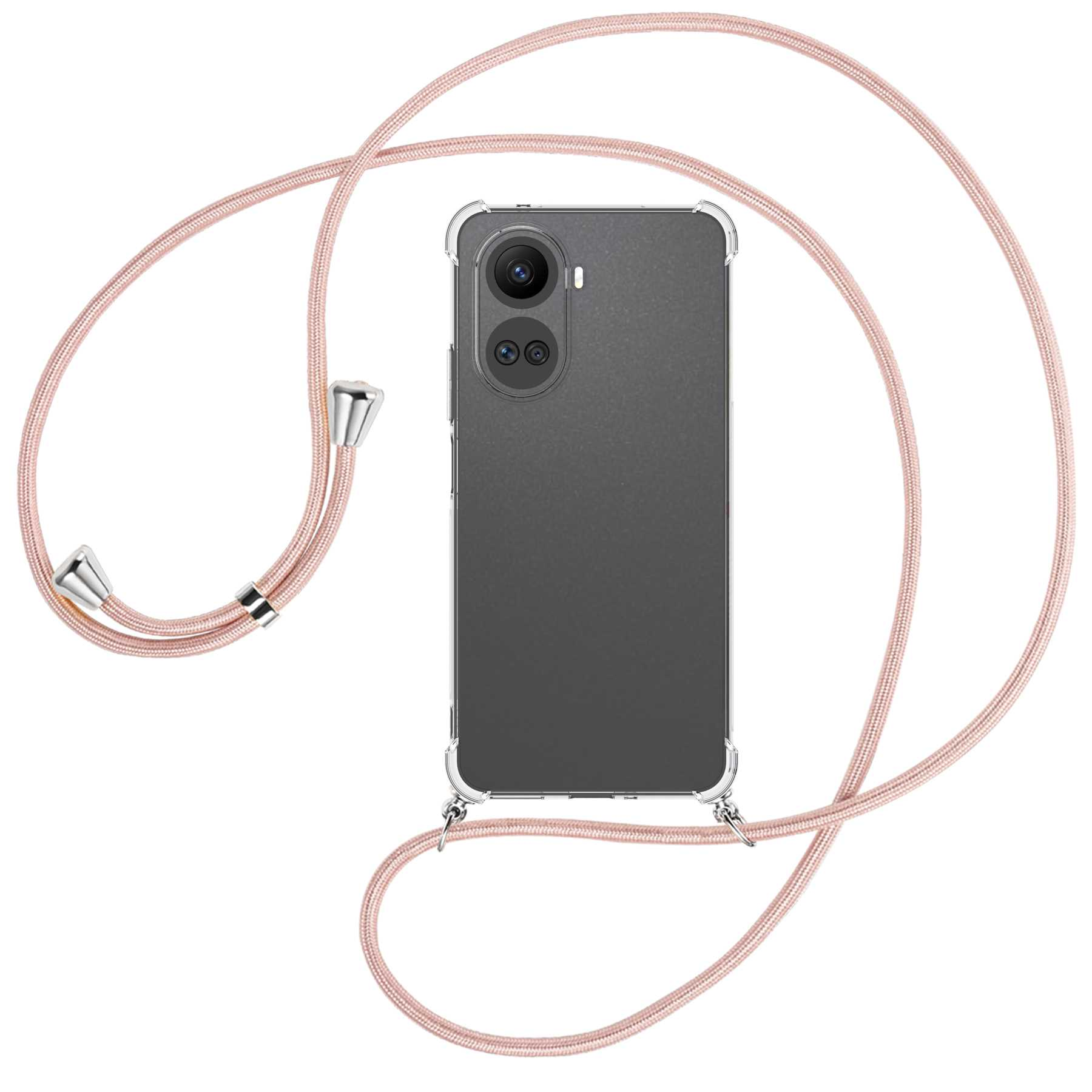 Smartphone mit durchsichtiger Hülle und pinkfarbenem Umhängeband. Das Telefon hat zwei Kameras.