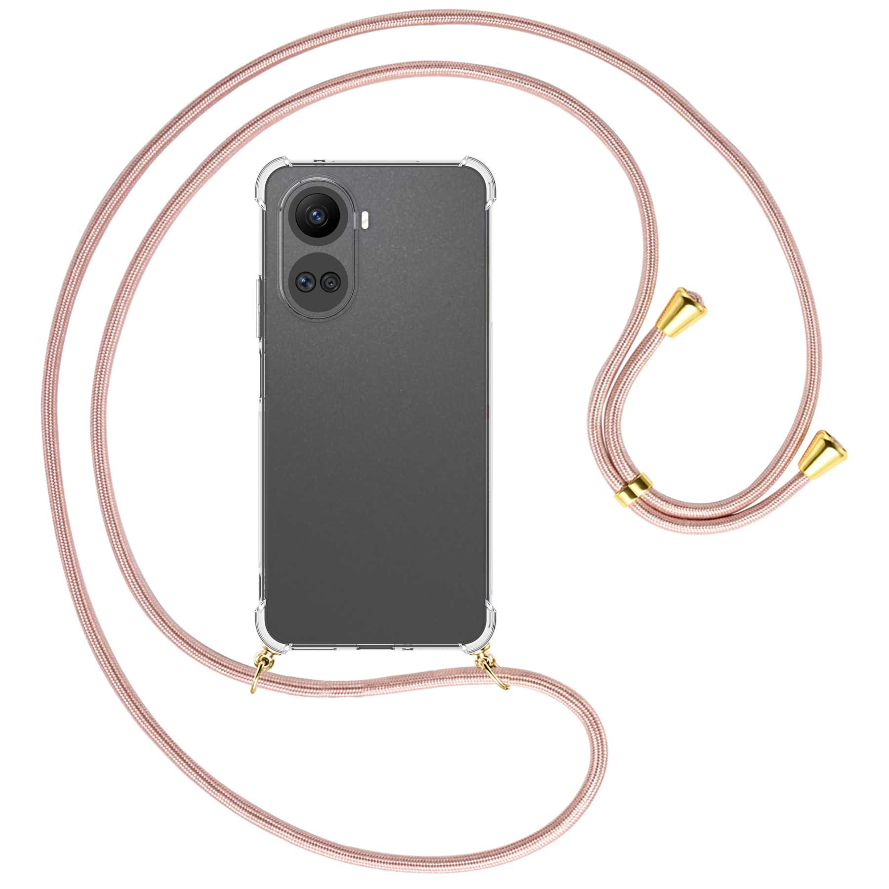 Ein graues Telefon mit durchsichtiger Hülle und rosa Kordel. Die Kordel hat goldene Details.