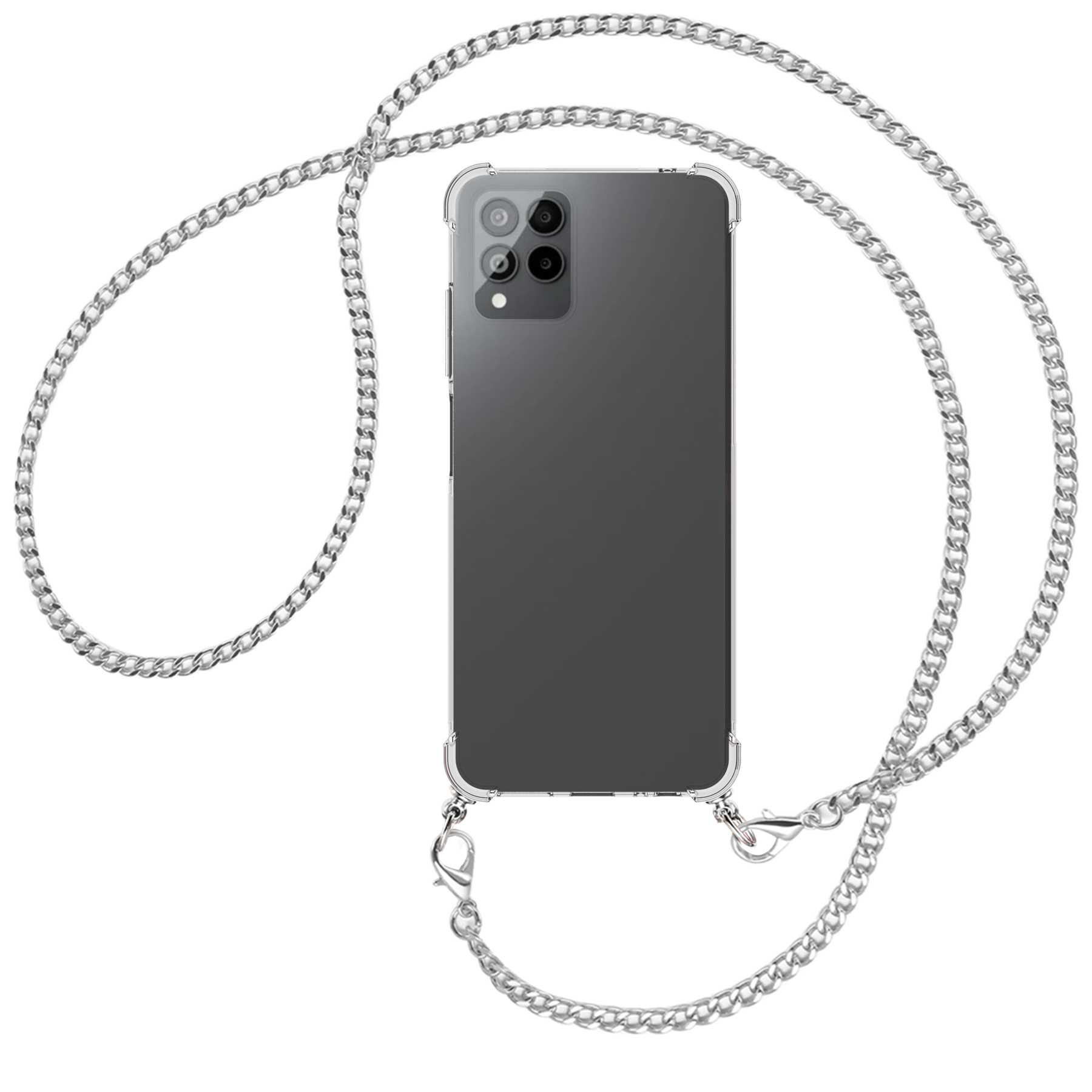Ein Telefon in einer durchsichtigen Hülle mit einem silbernen Kettengurt. Kette und Telefon sind mittig.