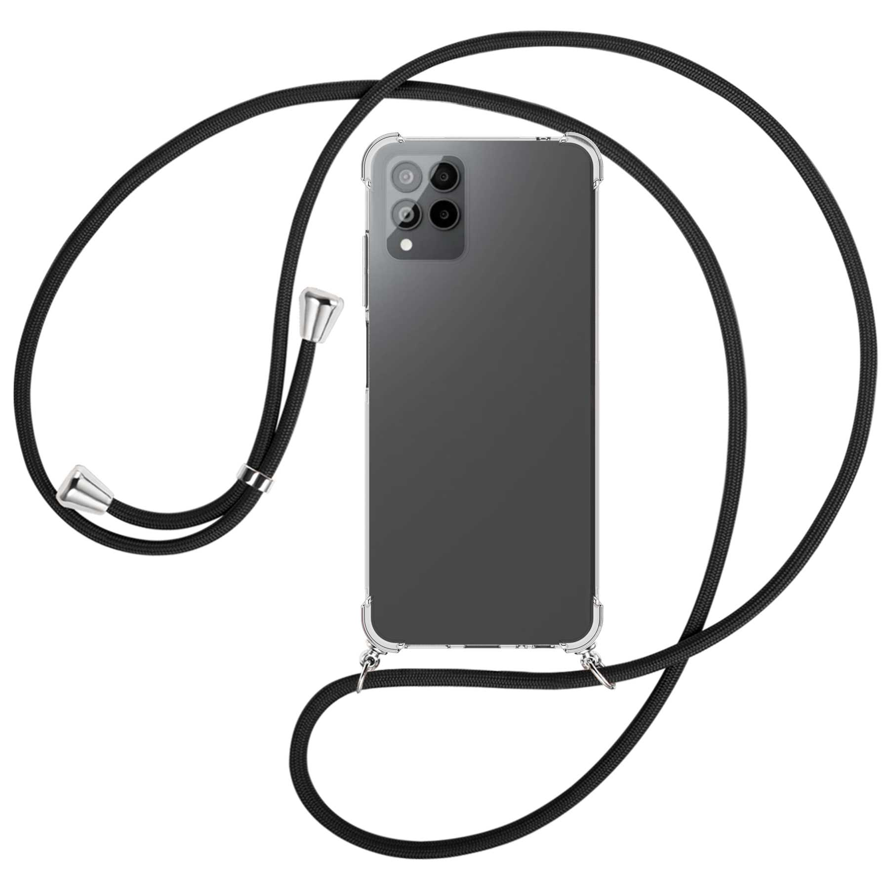 Telefon mit durchsichtiger Hülle und schwarzem Umhängeband. Telefon hat Kamera hinten. Umhängeband schwarz, silberne Akzente.