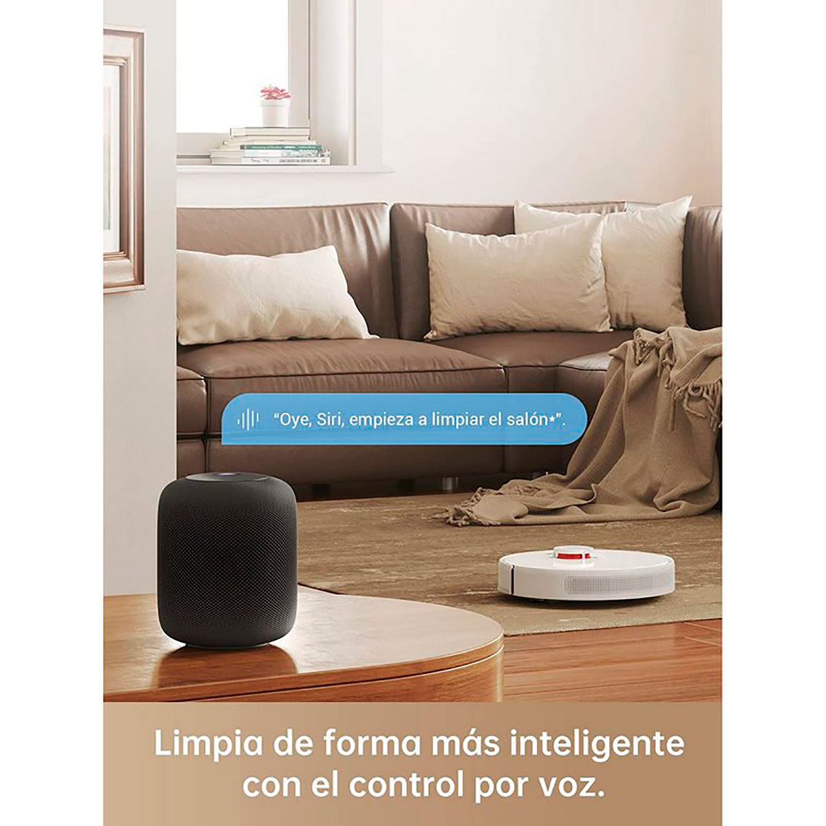 Pokój z czarnym głośnikiem, białym robotem sprzątającym i brązową sofą.