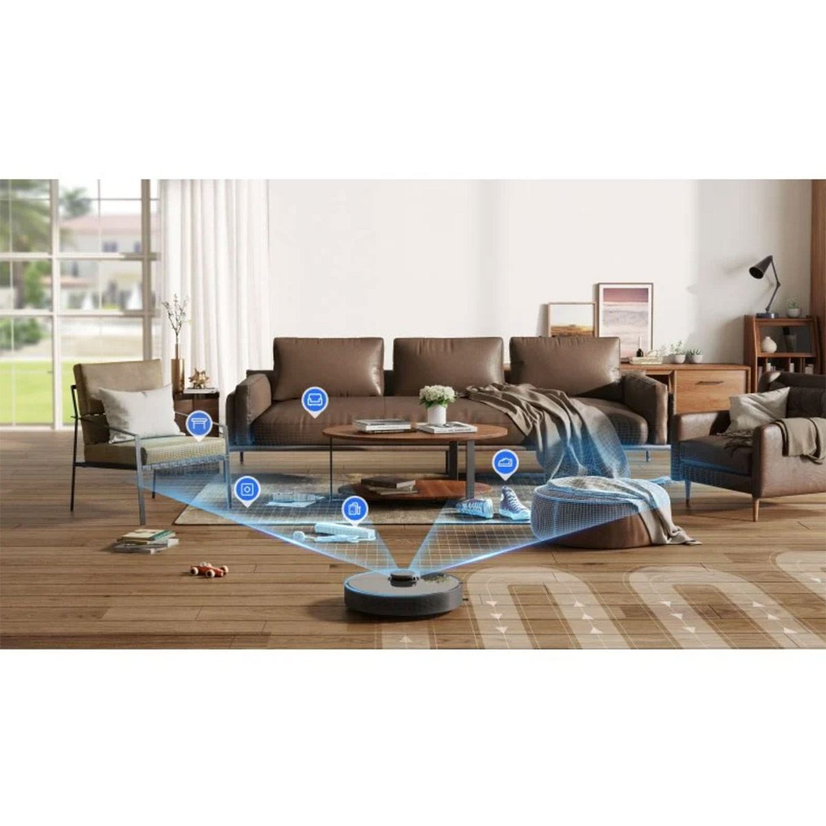 Inteligentny odkurzacz robot w salonie, z cyfrową nakładką ikon.