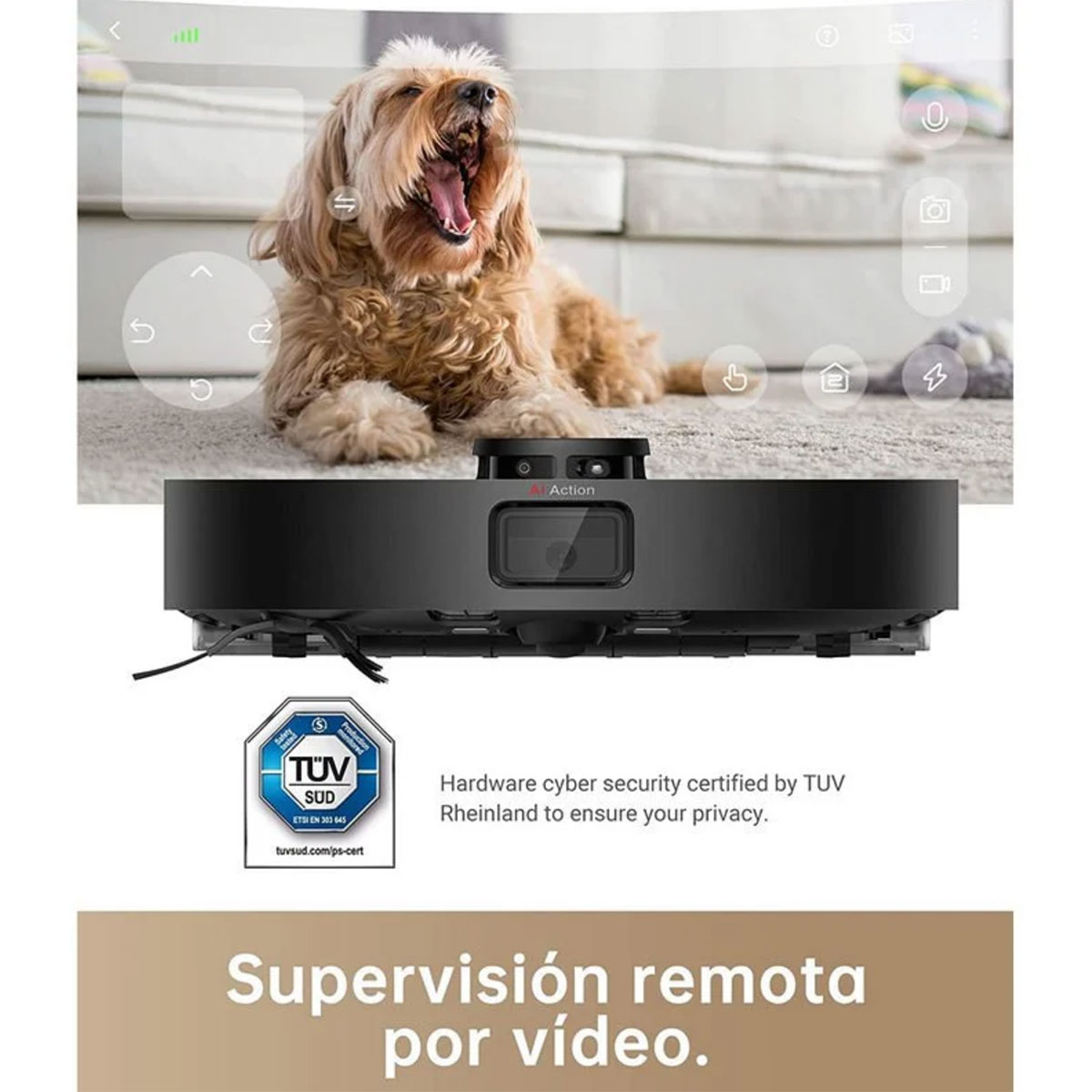 Robot odkurzający z ziewającym psem na ekranie, wskazujący zdalny nadzór wideo.