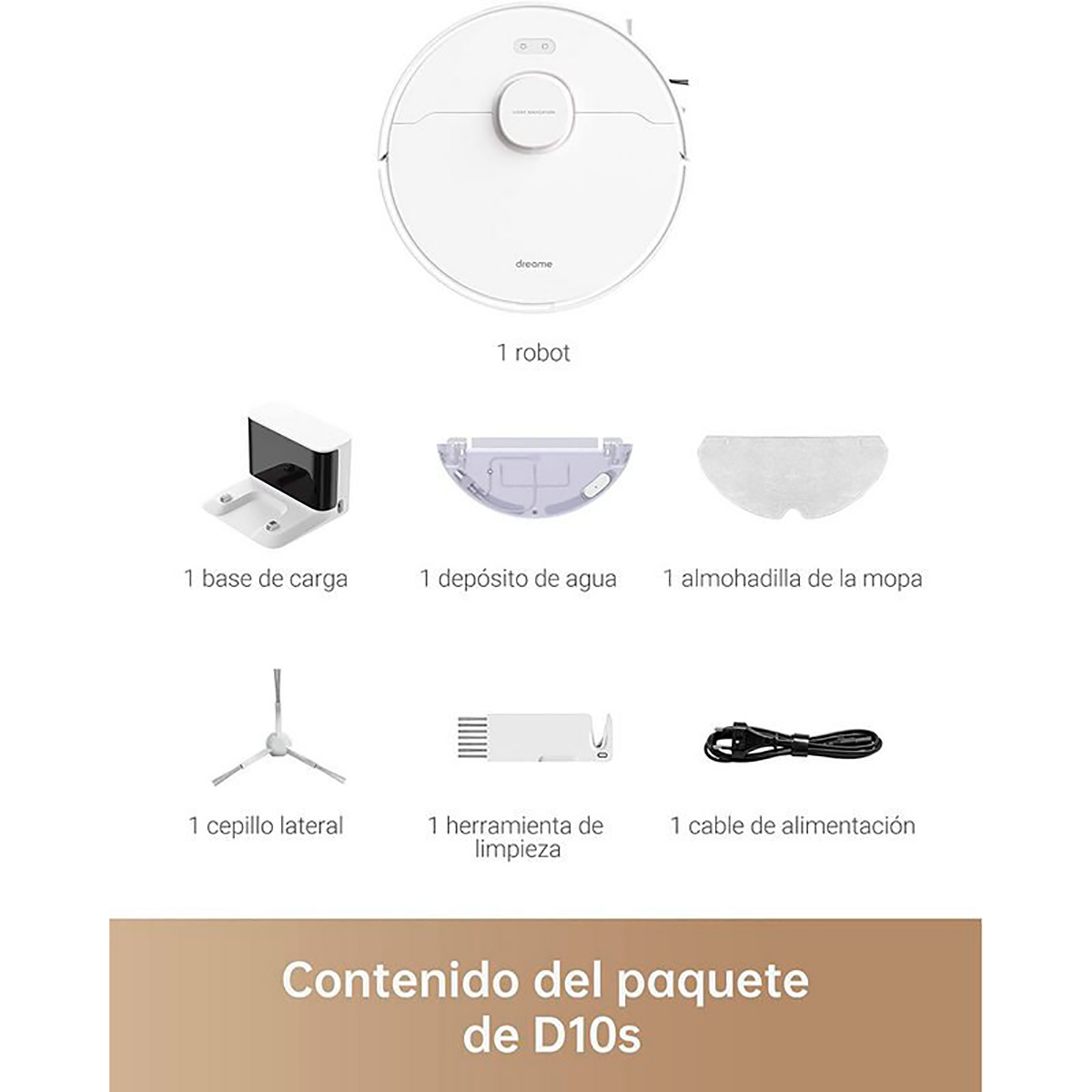 Części robota sprzątającego: robot, baza, zbiornik na wodę, mop, szczotka boczna, narzędzie czyszczące, kabel.