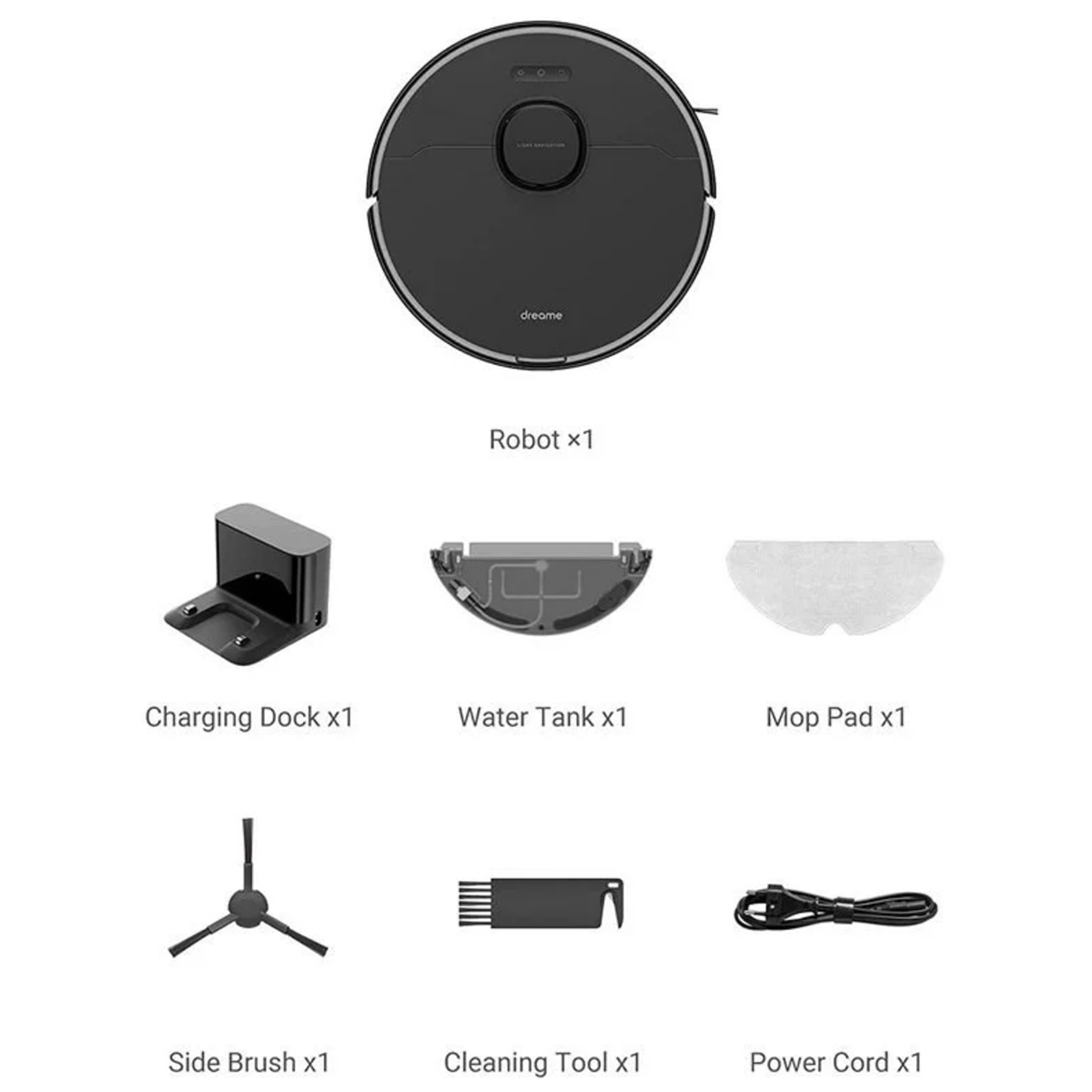 Robot odkurzacz i akcesoria na białej powierzchni, widok z góry.