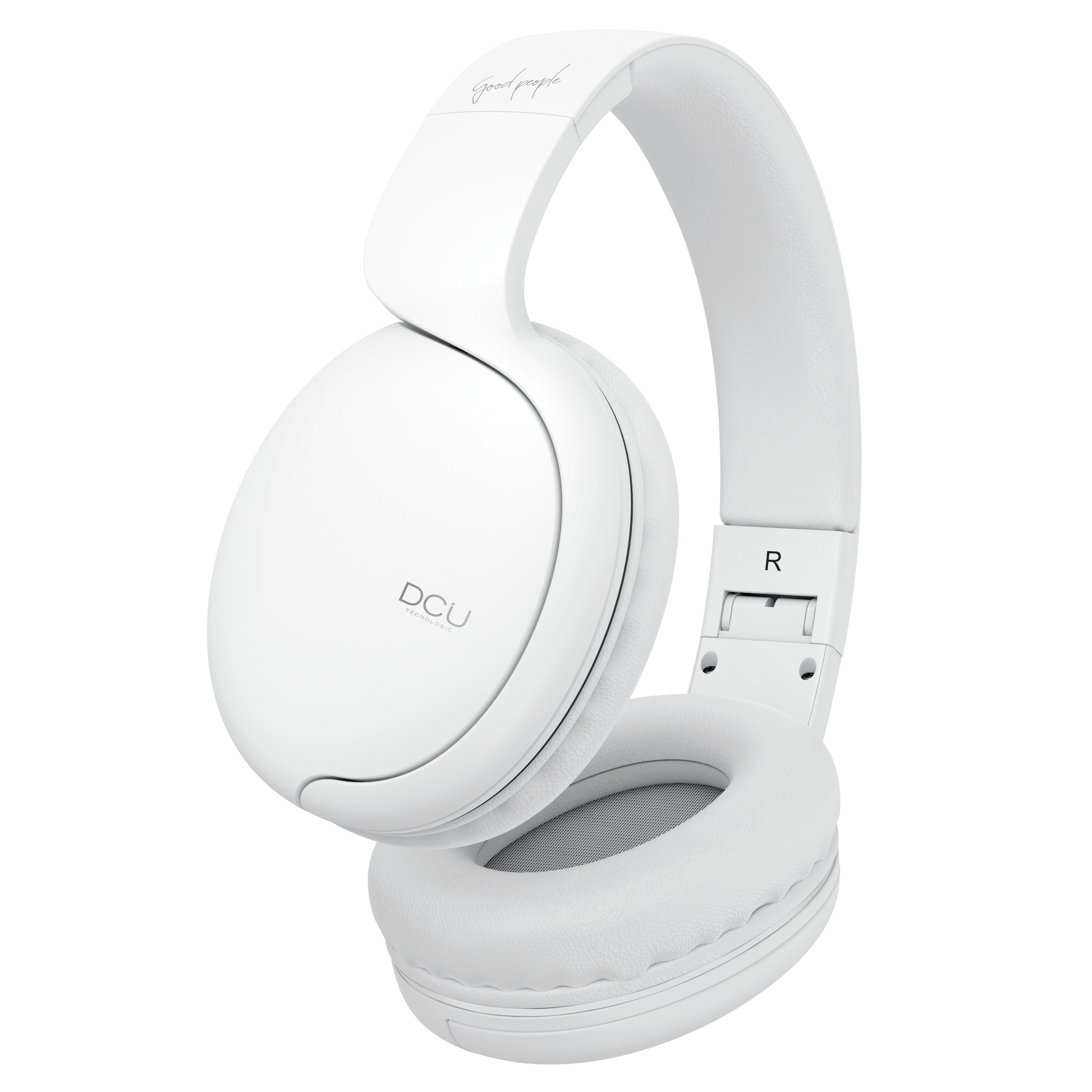 Un paio di cuffie bianche over-ear con la scritta 'good people'.
