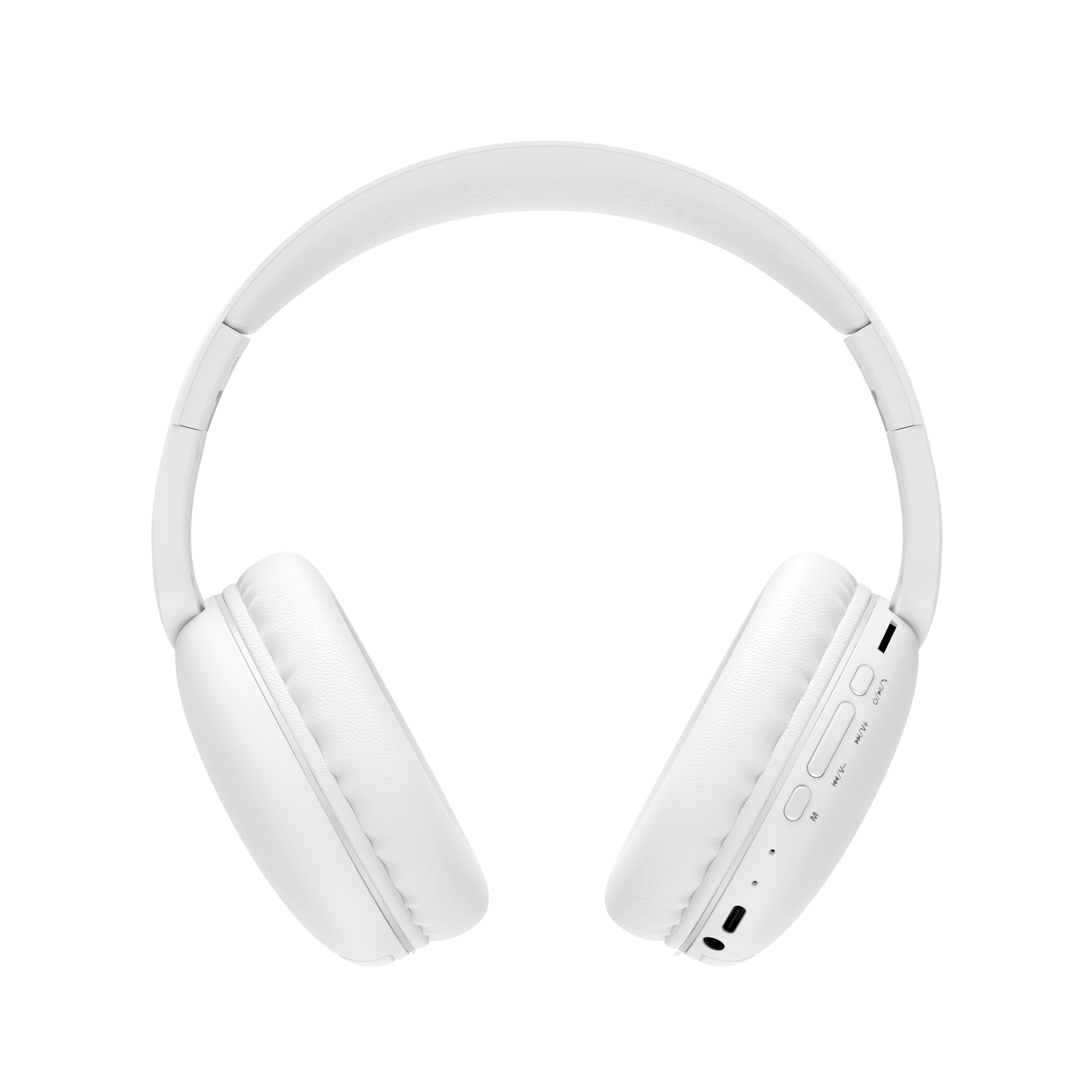 Cuffie bianche over-ear. Le cuffie sono su sfondo nero.
