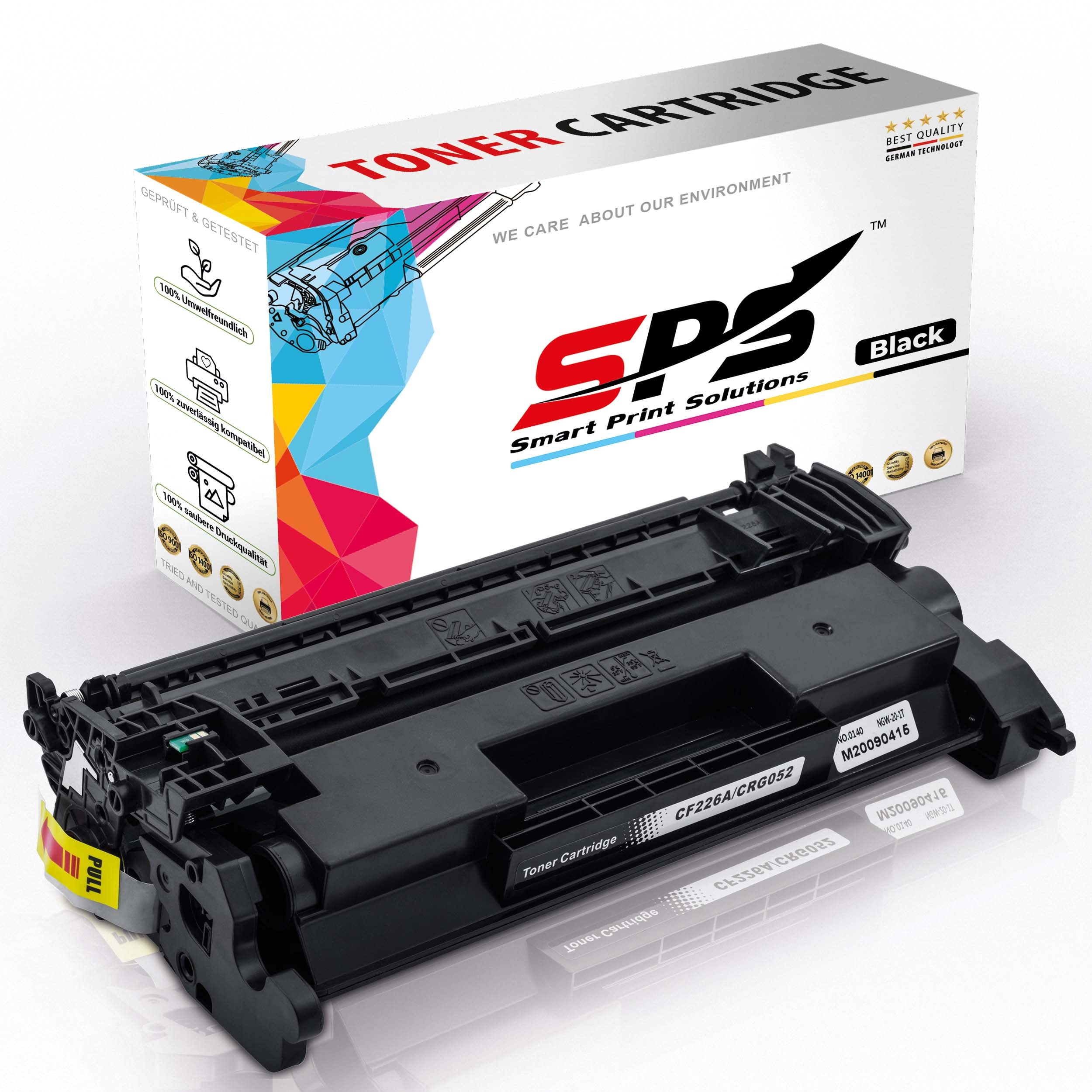 Schwarze Tonerkartusche mit einer Box. Die Box sagt 'Smart Print Solutions' und 'Black'.