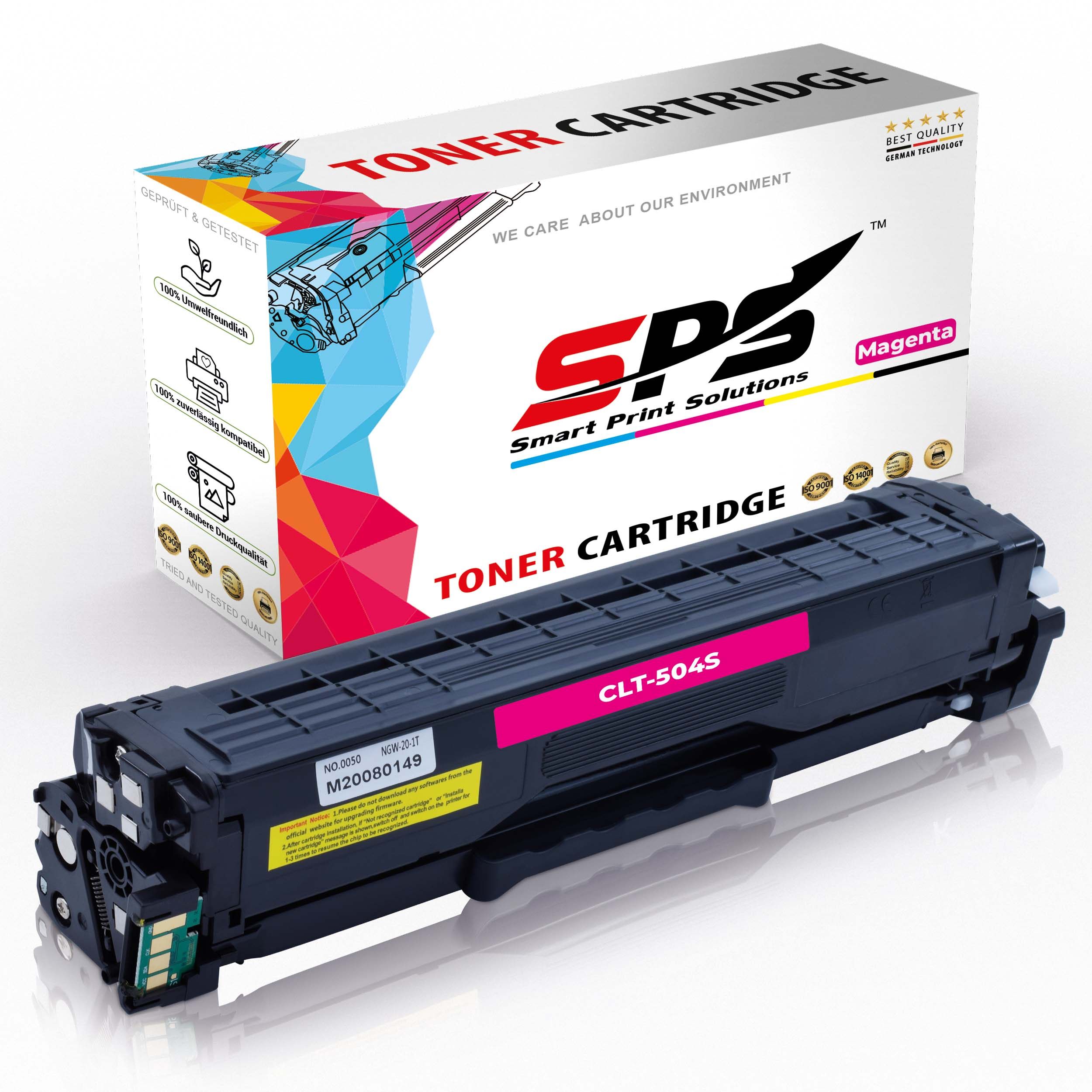 Magentarote Tonerkartusche und -box mit Druckdetails, auf weißem Hintergrund. Text: 'Toner Cartridge'.