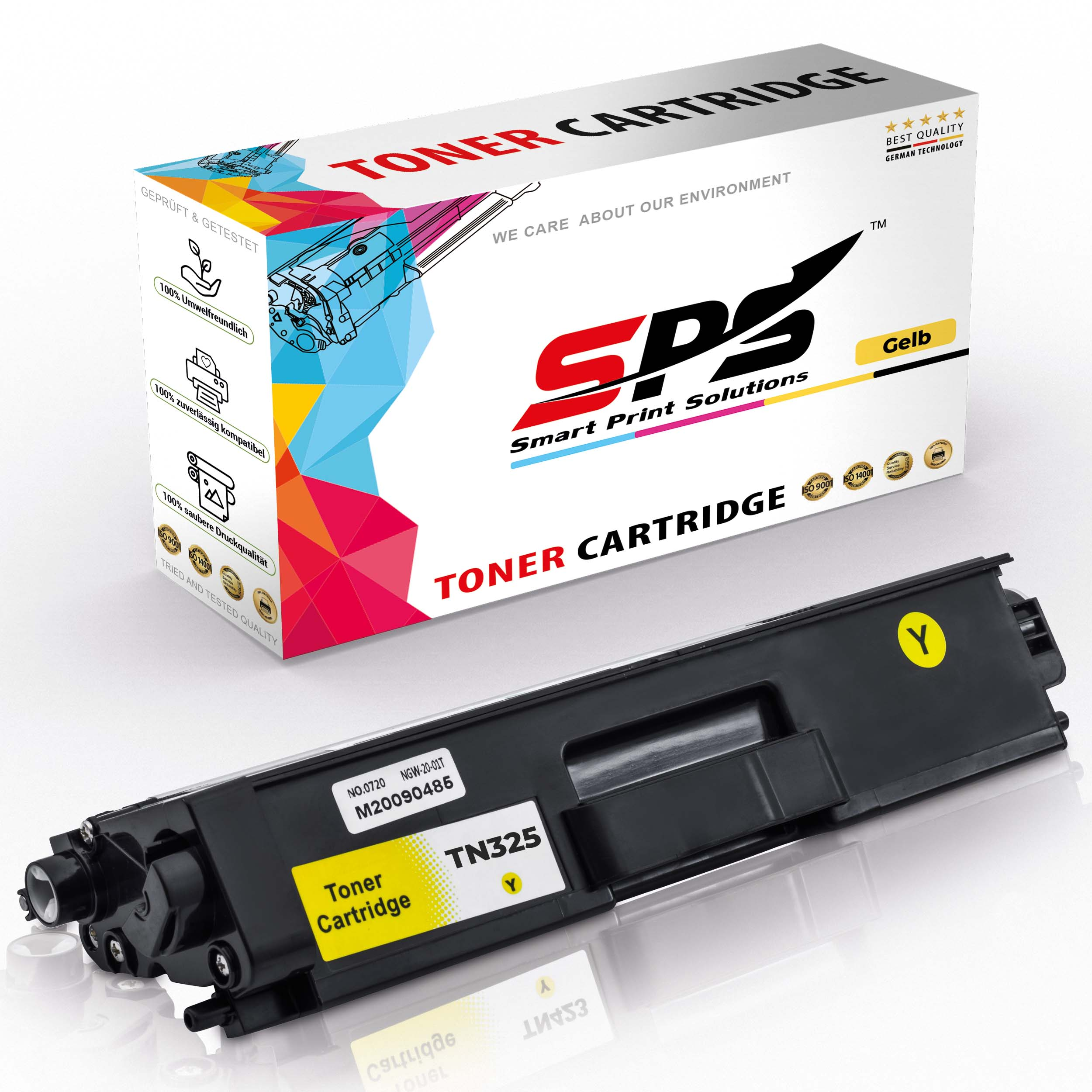 Eine gelbe Tonerkartusche in einer Box mit Text, darunter 'TONER CARTRIDGE' und 'Gelb'.