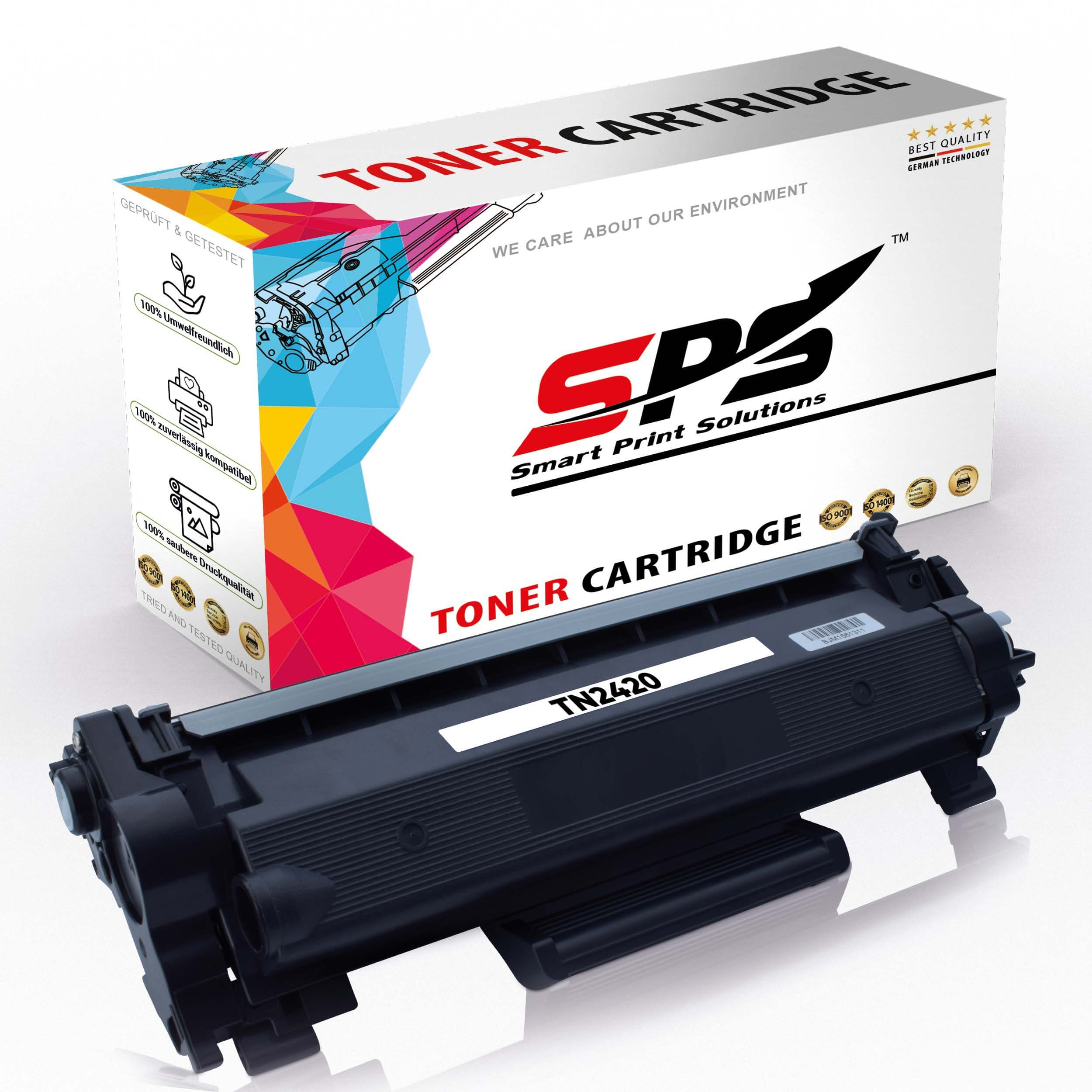 Eine schwarze Tonerkartusche vor einer 'Toner Cartridge'-Box mit der Marke 'SPS'.