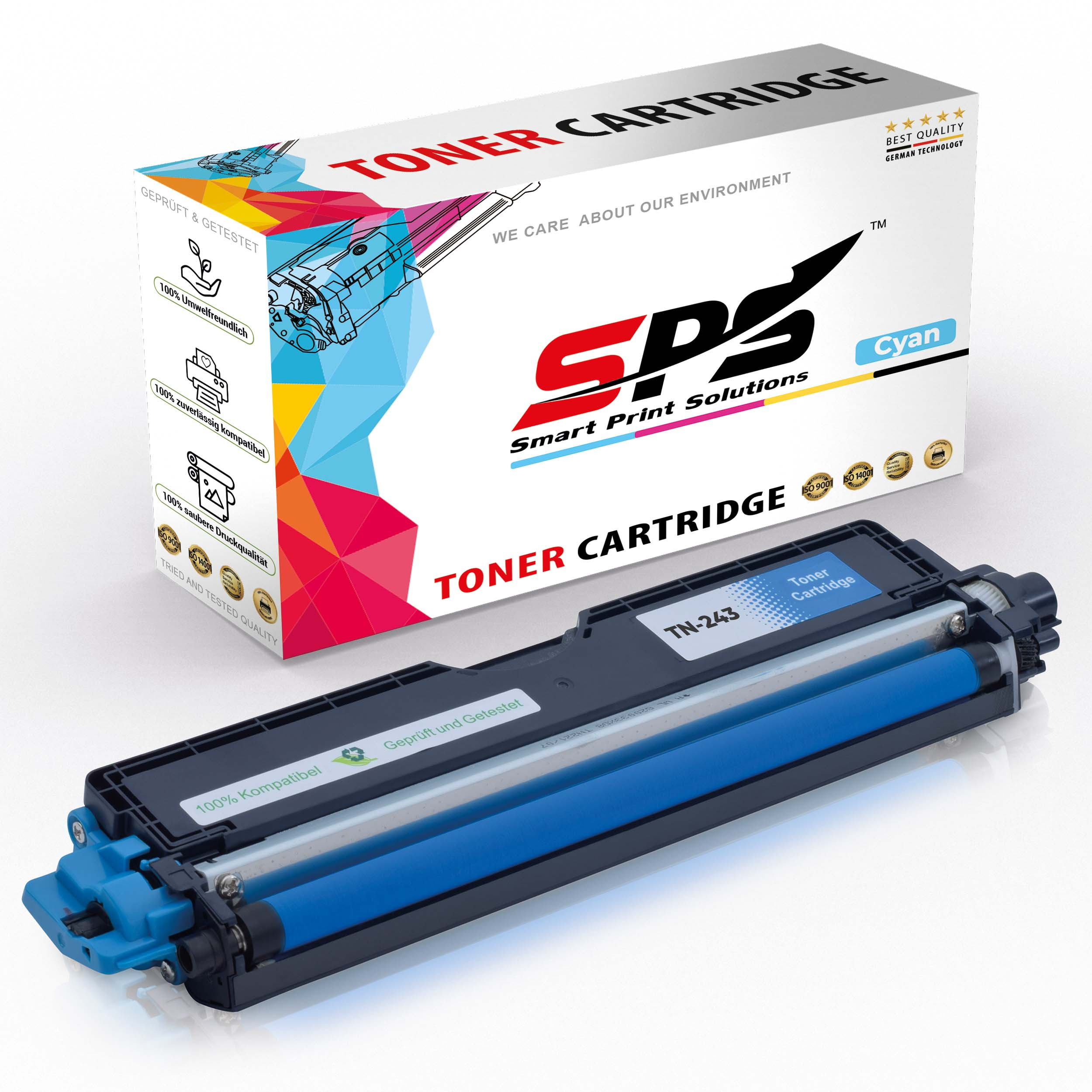 Blaue Tonerkartusche vor einer Box mit der Aufschrift 'Cyan Toner Cartridge'.